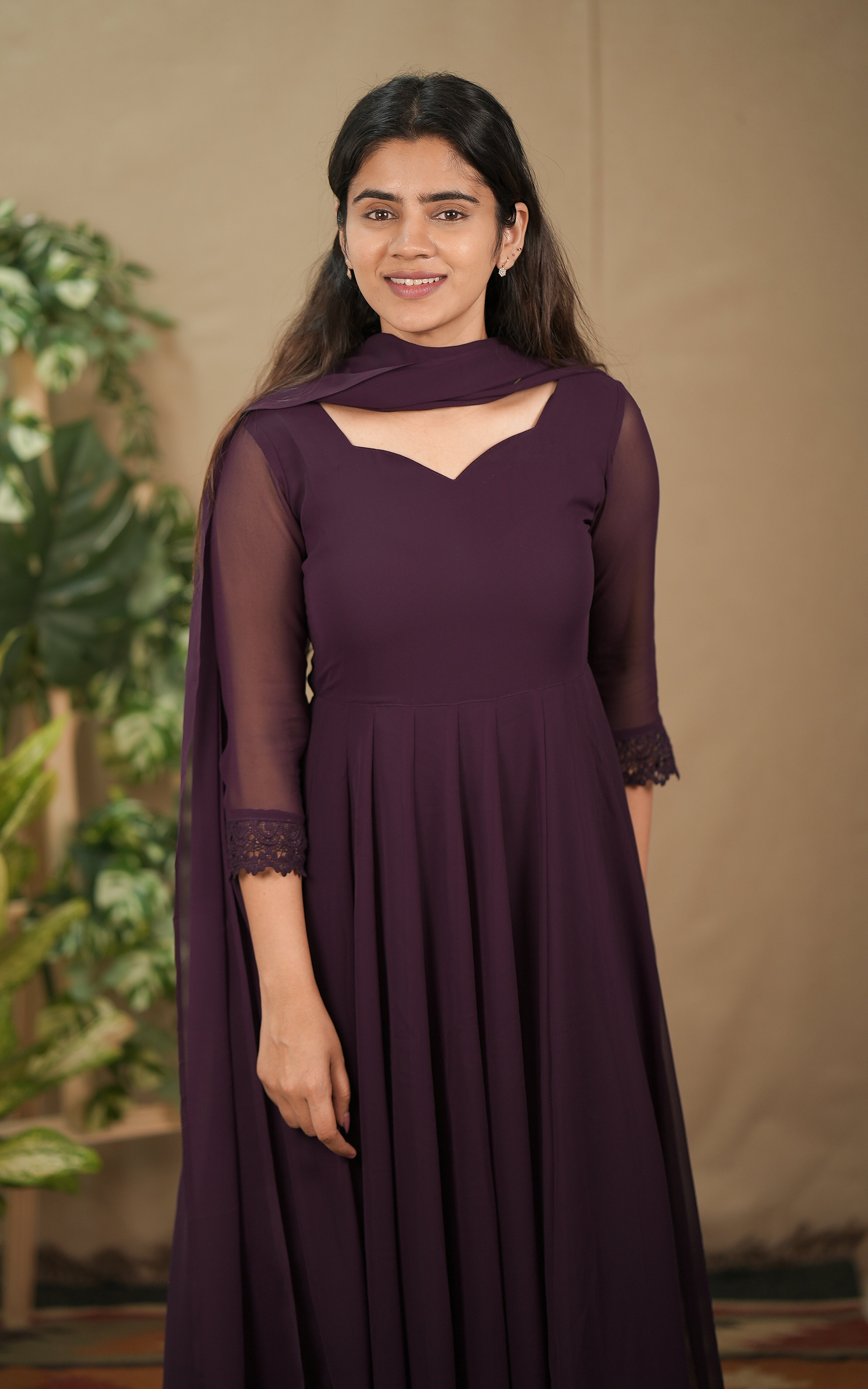 instore kurti office wear for women georgette with butter crepe lining full flared anarkali with crochet lace border color: plum