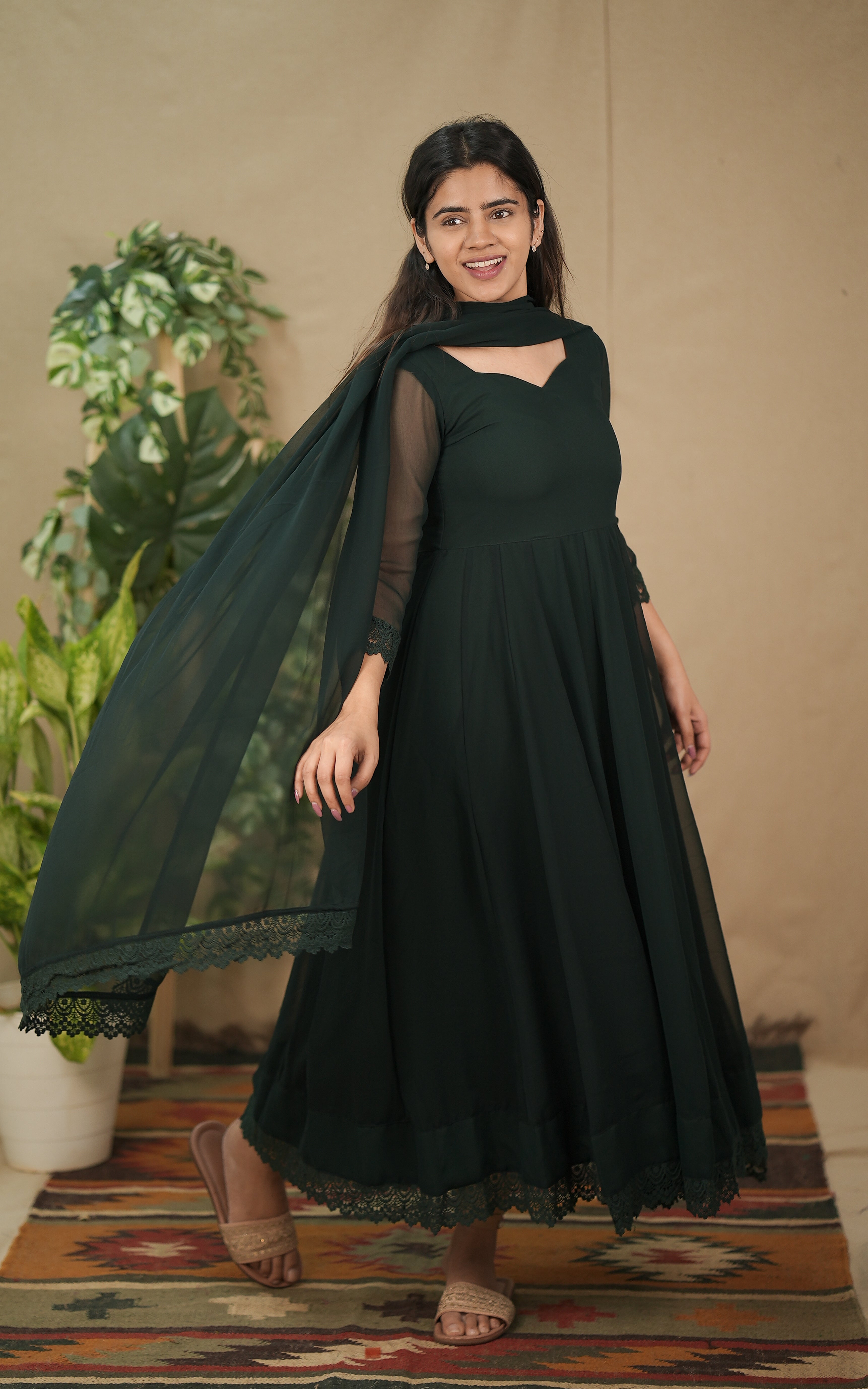instore kurti melodic dark bottle green (kurti+dupatta) georgette with butter crepe lining full flared anarkali with crochet lace border color:bottle green 