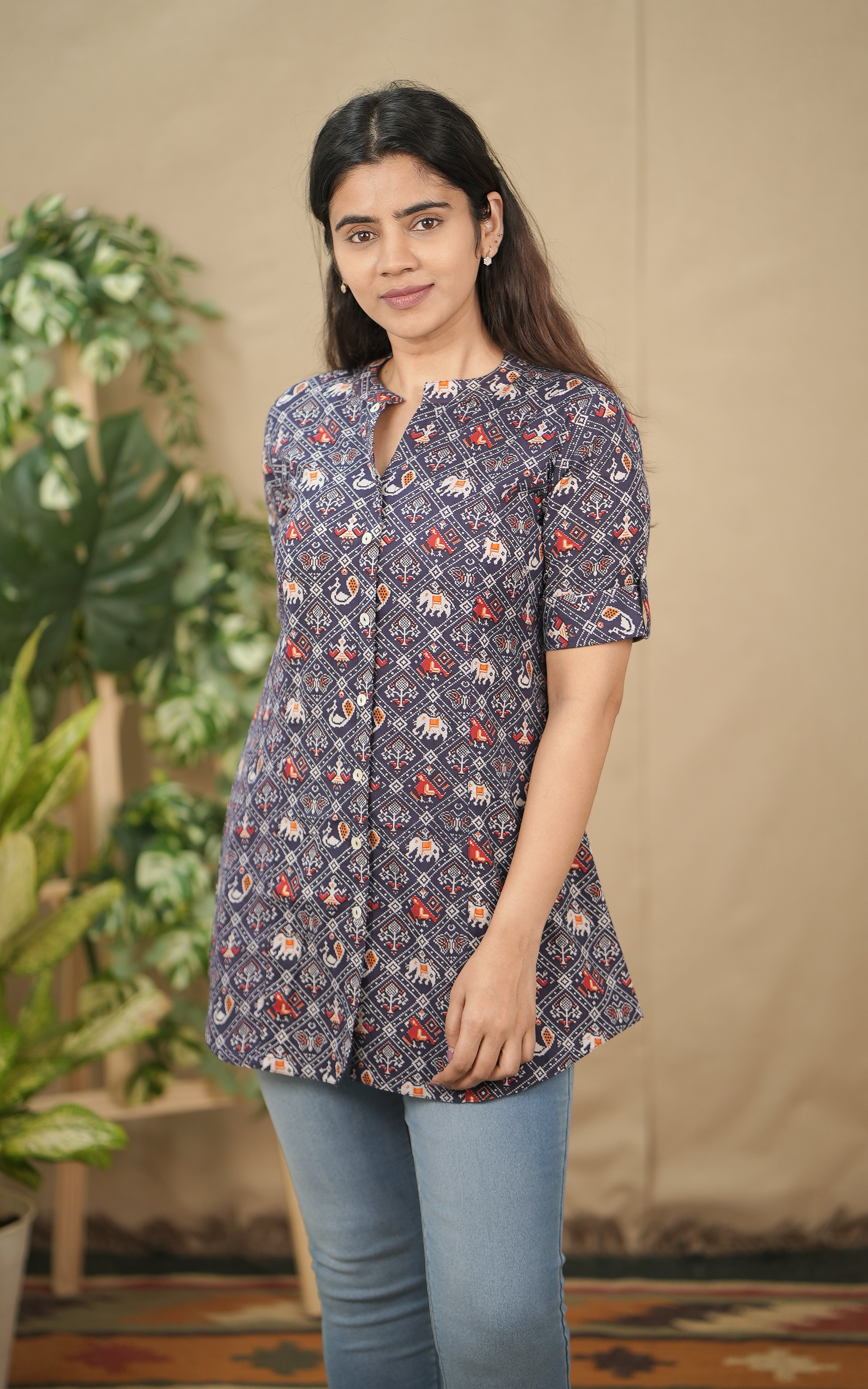 instore indo western blue printed cotton short top for women 