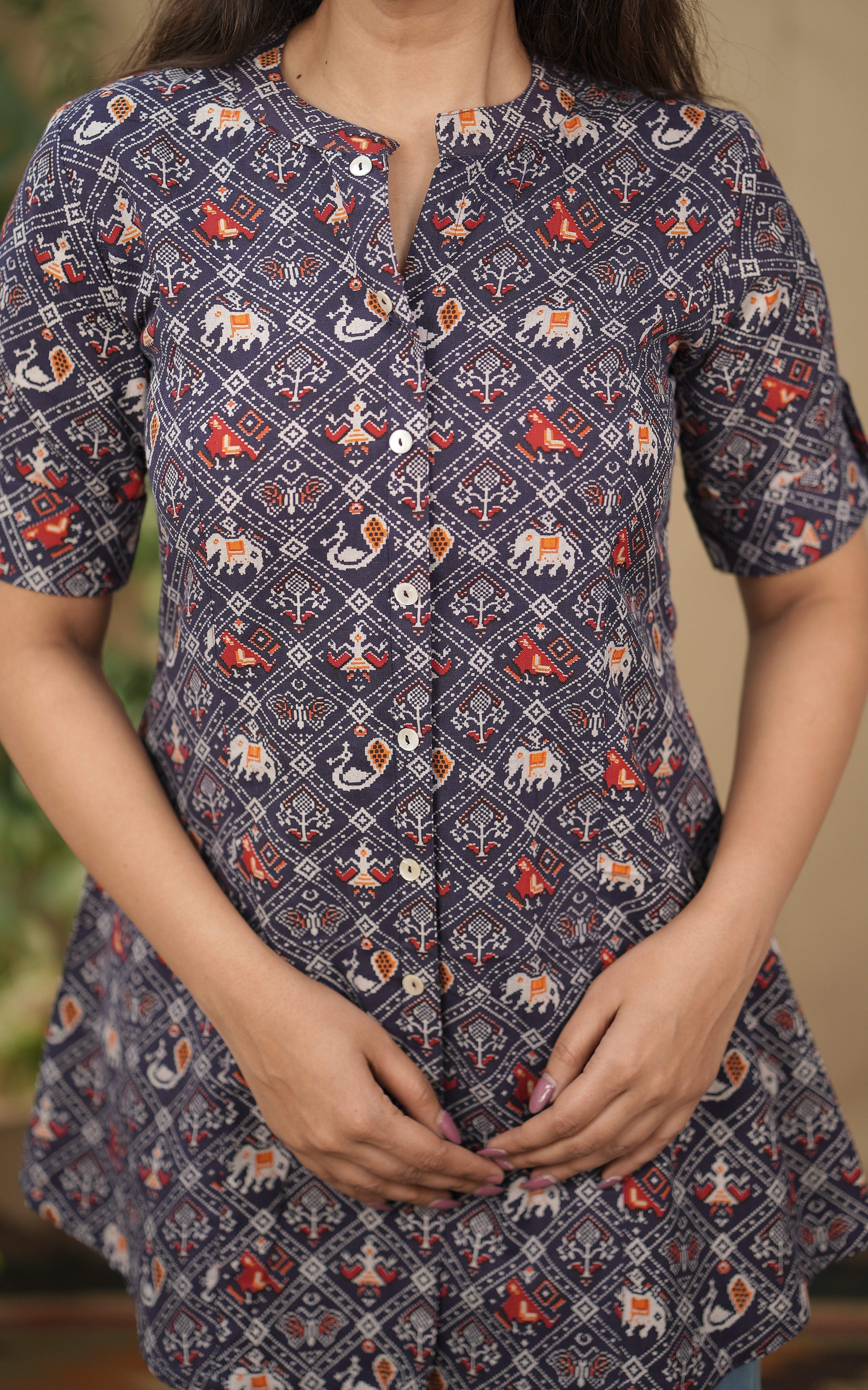 instore blue short top indo western with traditional printed cotton for office wear, college wear & daily wear