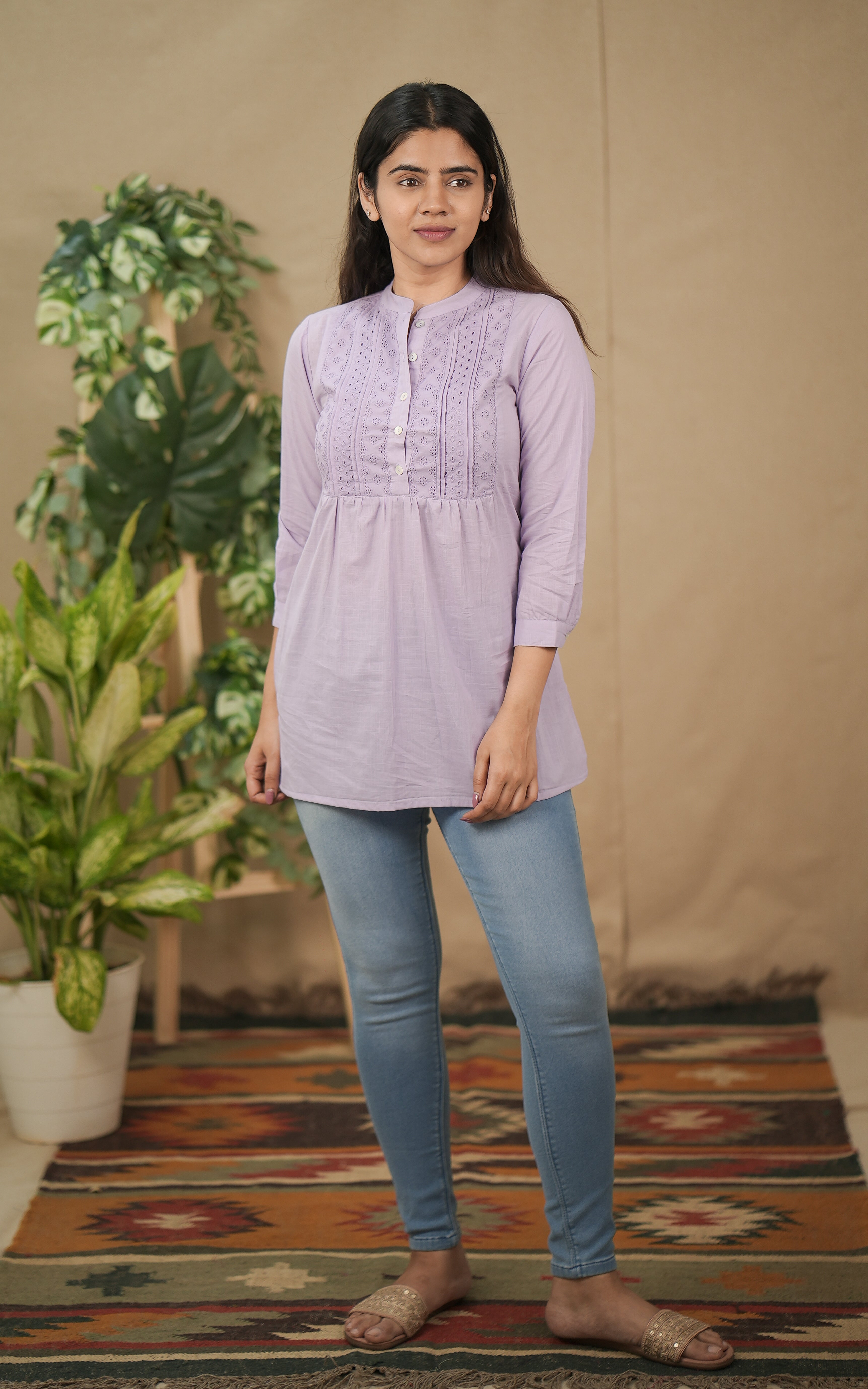 instore kurti soft light weight cotton indo western lavender color kurti 