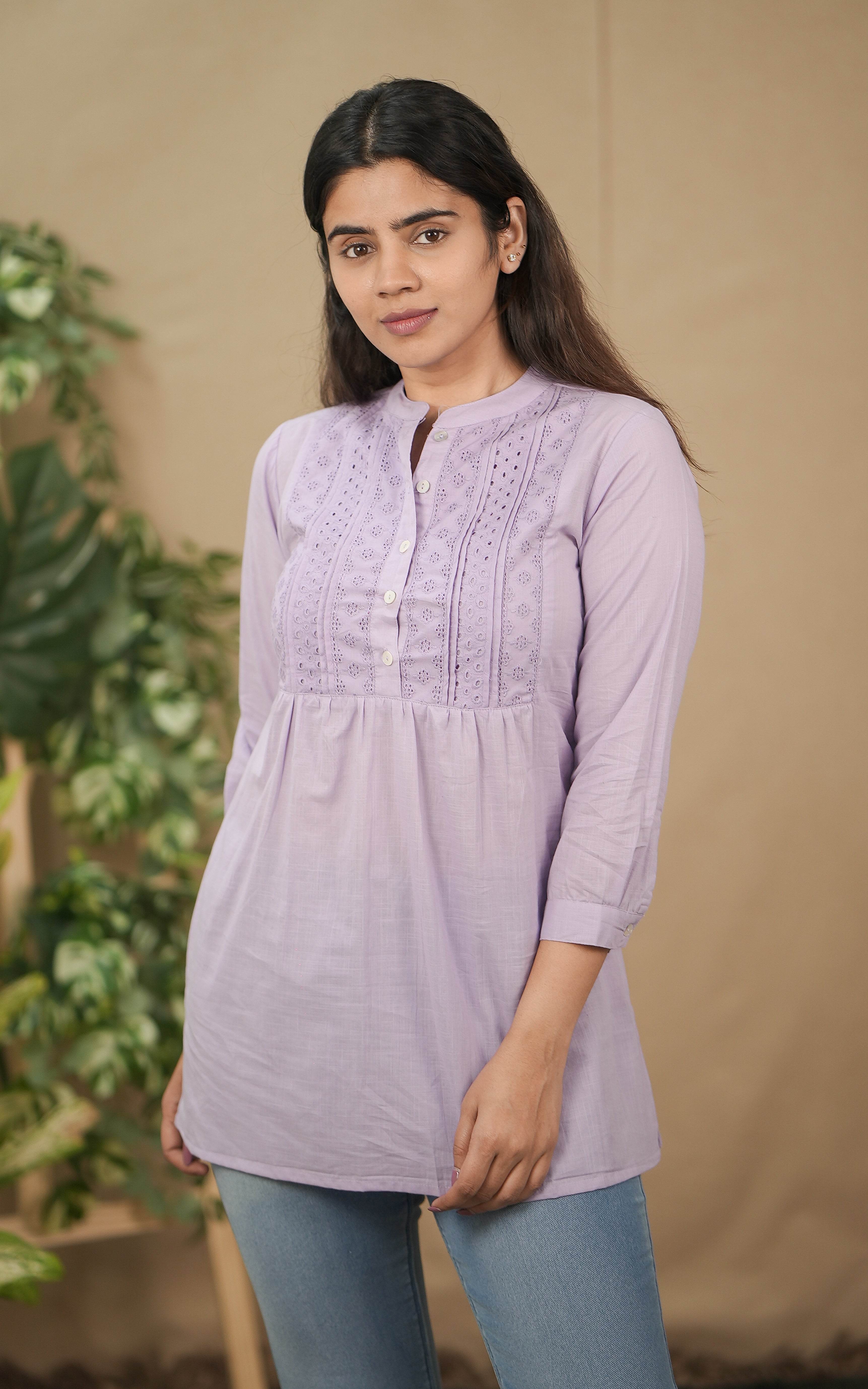instore kurti nallini b  soft light weight cotton indo western lavender color kurti 