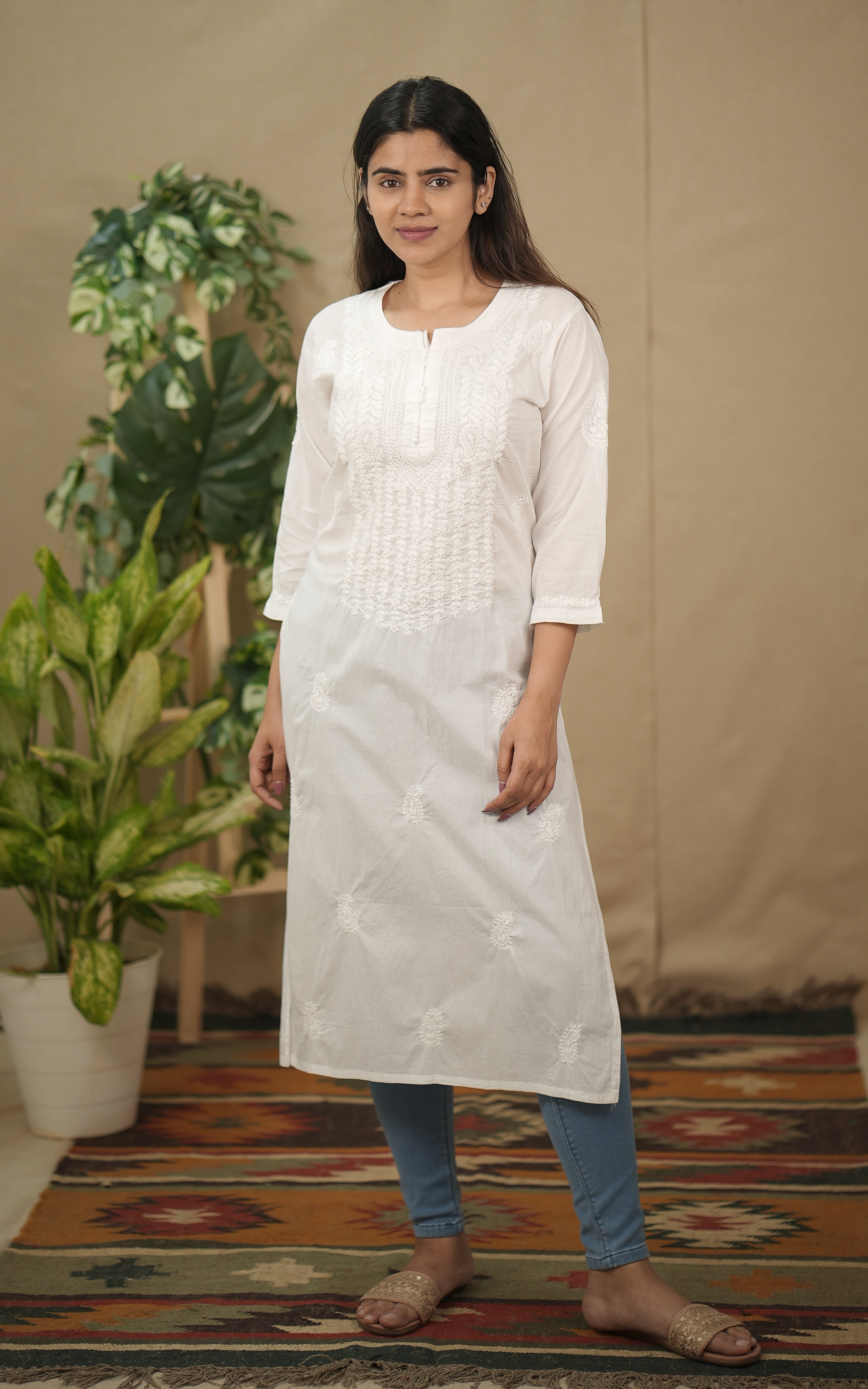 instore kurti saaniya white a transparent cotton chikankari straight cut kurti with side slit color: white