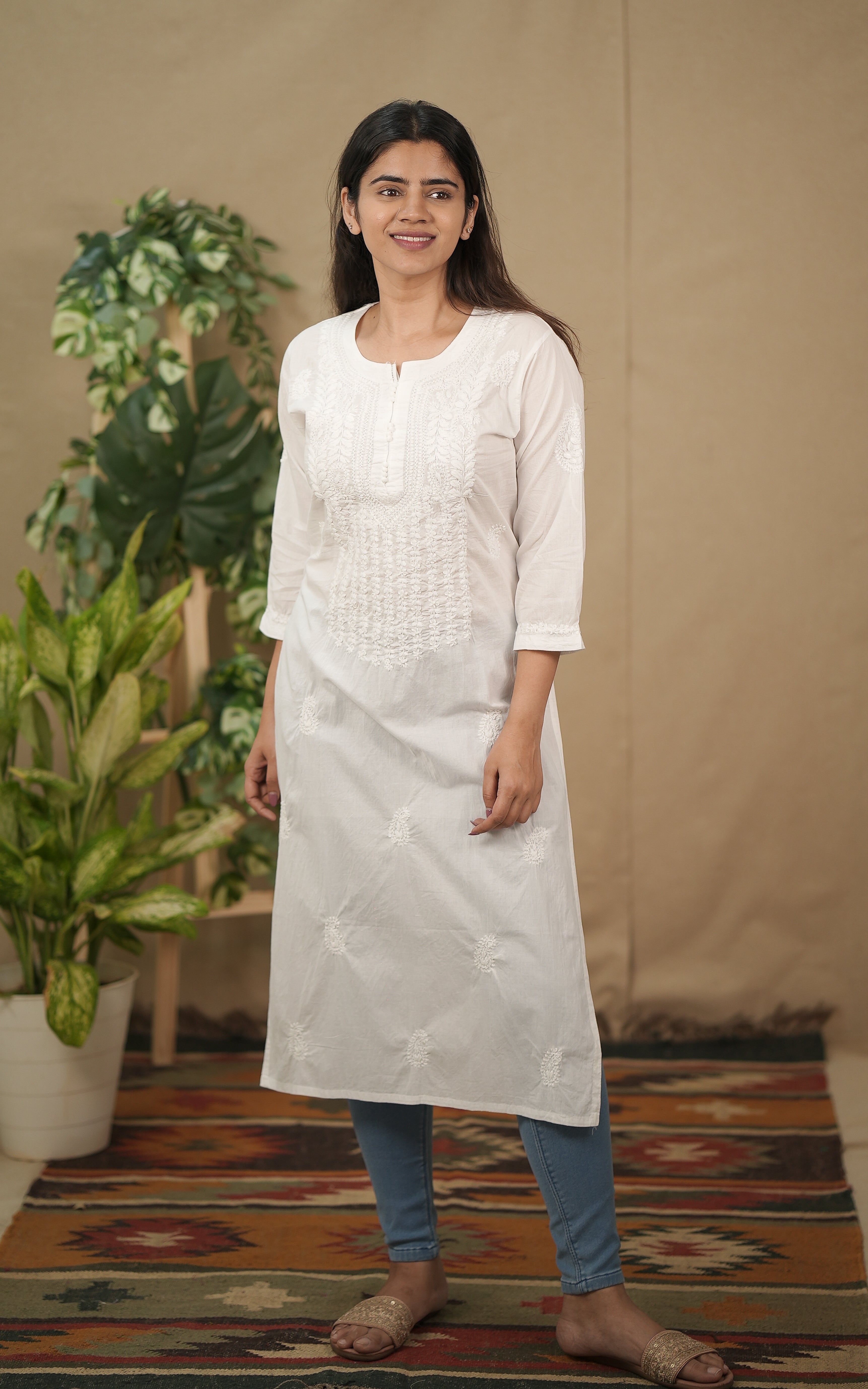 instore chikankari kurti   transparent cotton chikankari straight cut kurti with side slit color: white