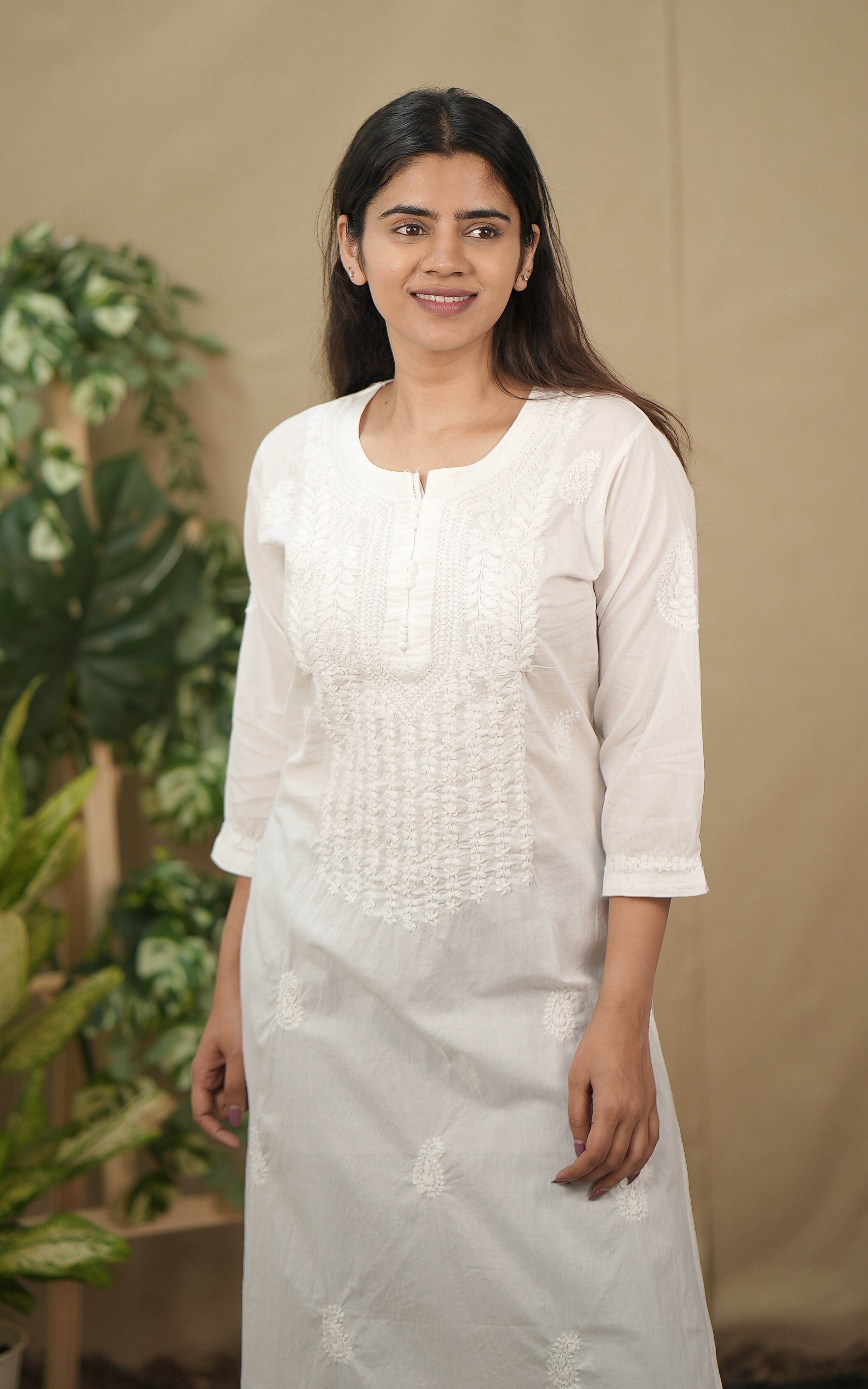 in store kurti  transparent cotton chikankari straight cut kurti with side slit color: white