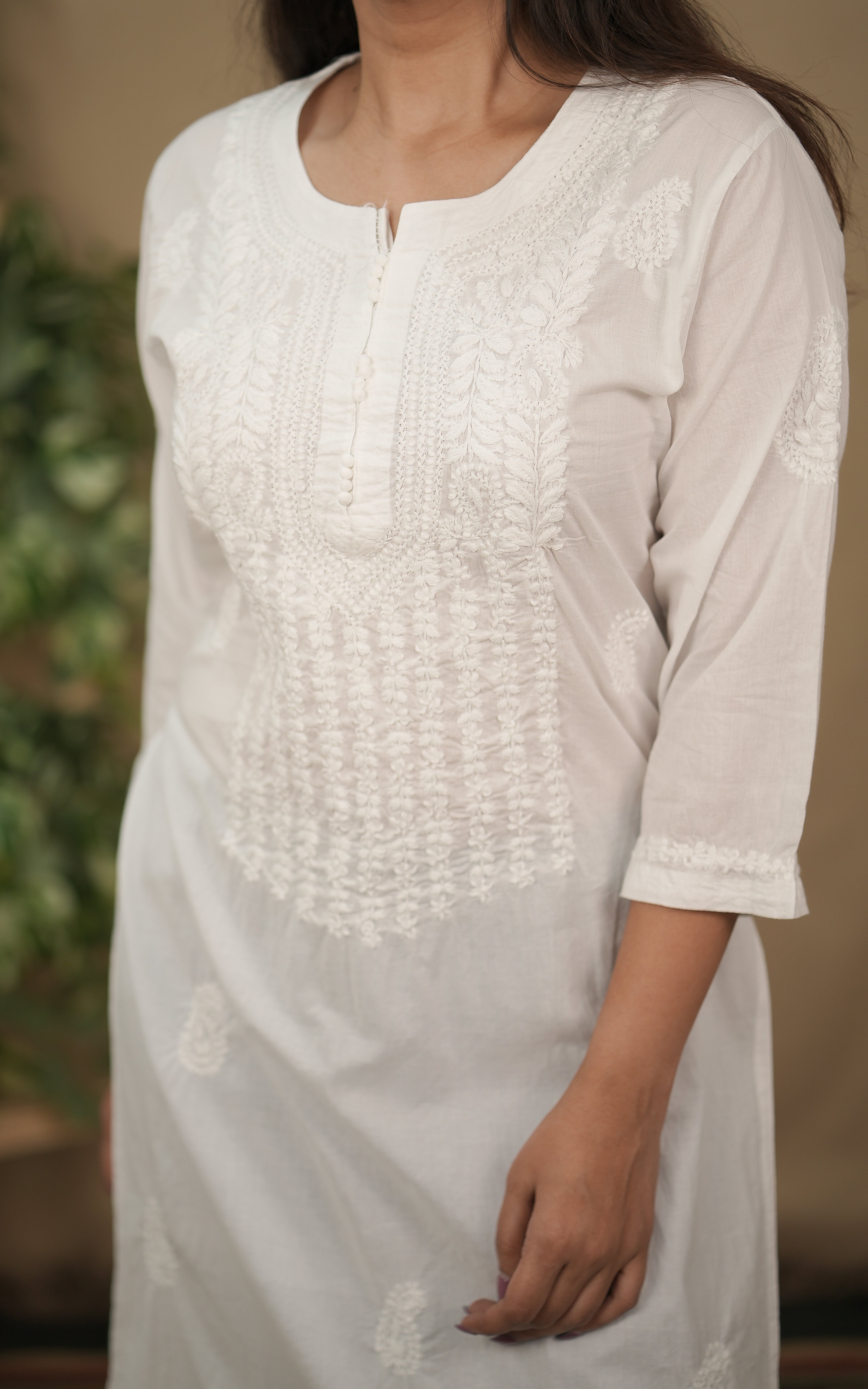 instore kurti office wear for women  transparent cotton chikankari straight cut kurti with side slit color: white