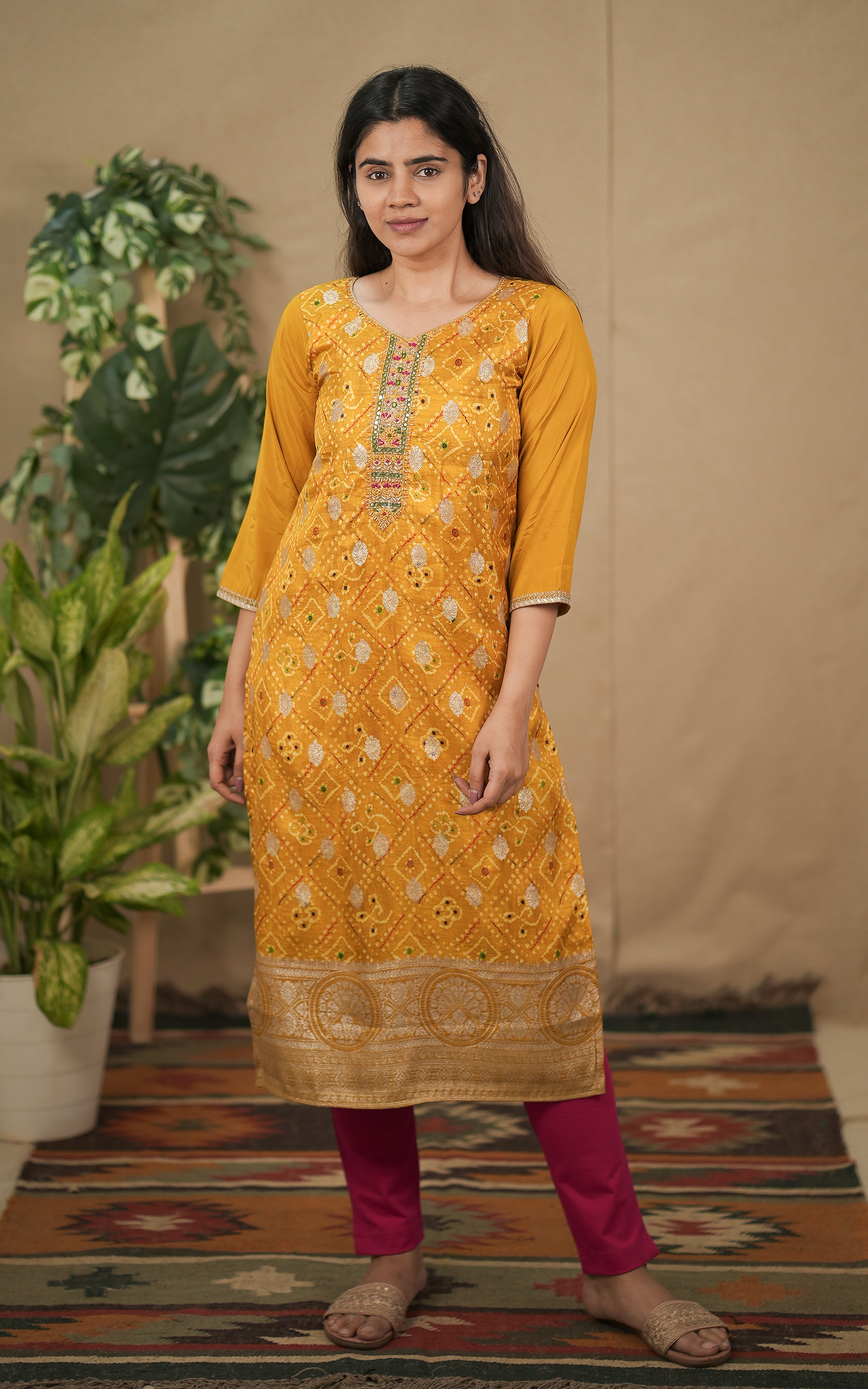instore kurti akshata a bandhani printed art silk straight cut kurti with side slit color: yellow
