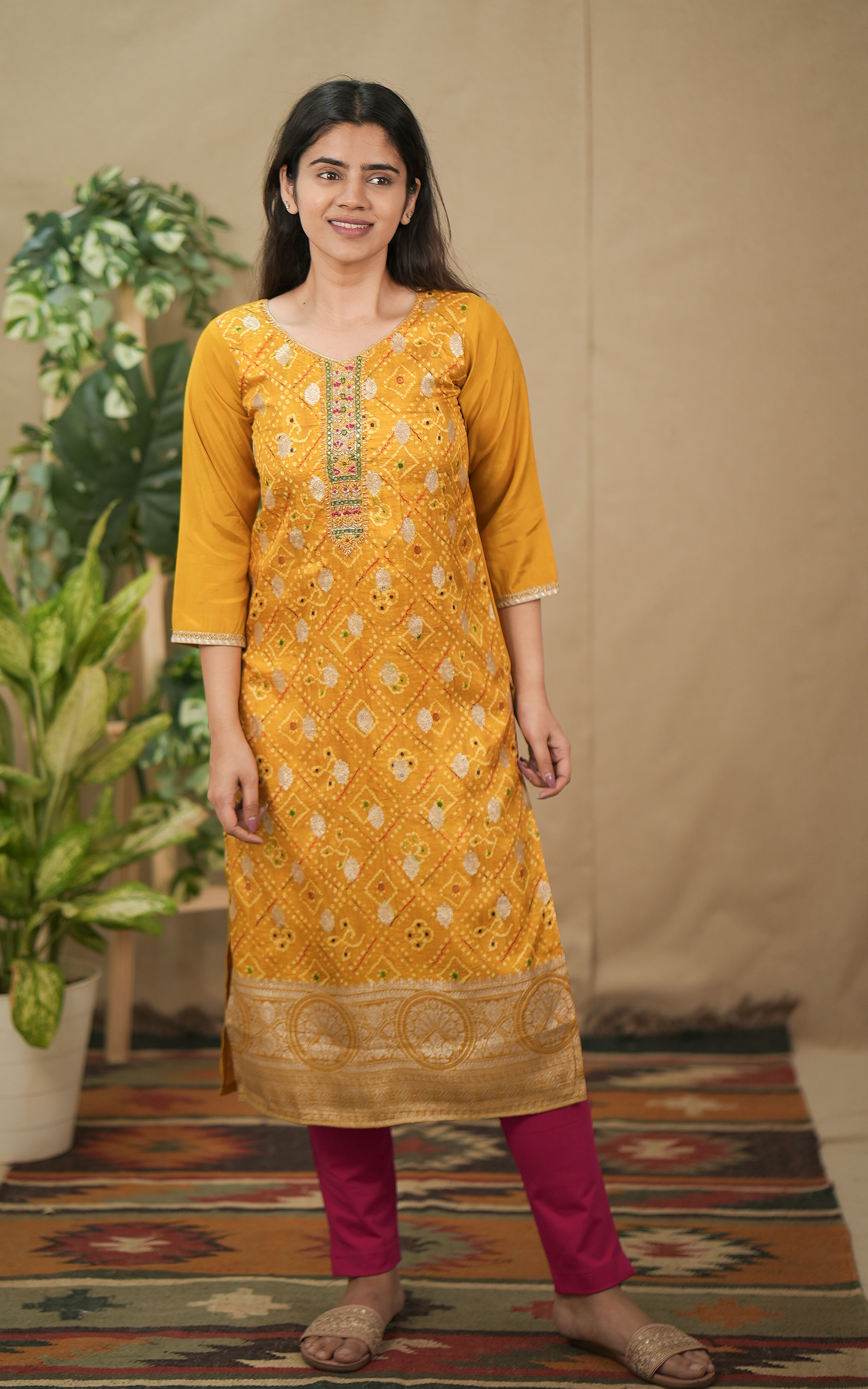 instore kurti office wear for women bandhani printed art silk straight cut kurti with side slit color: yellow