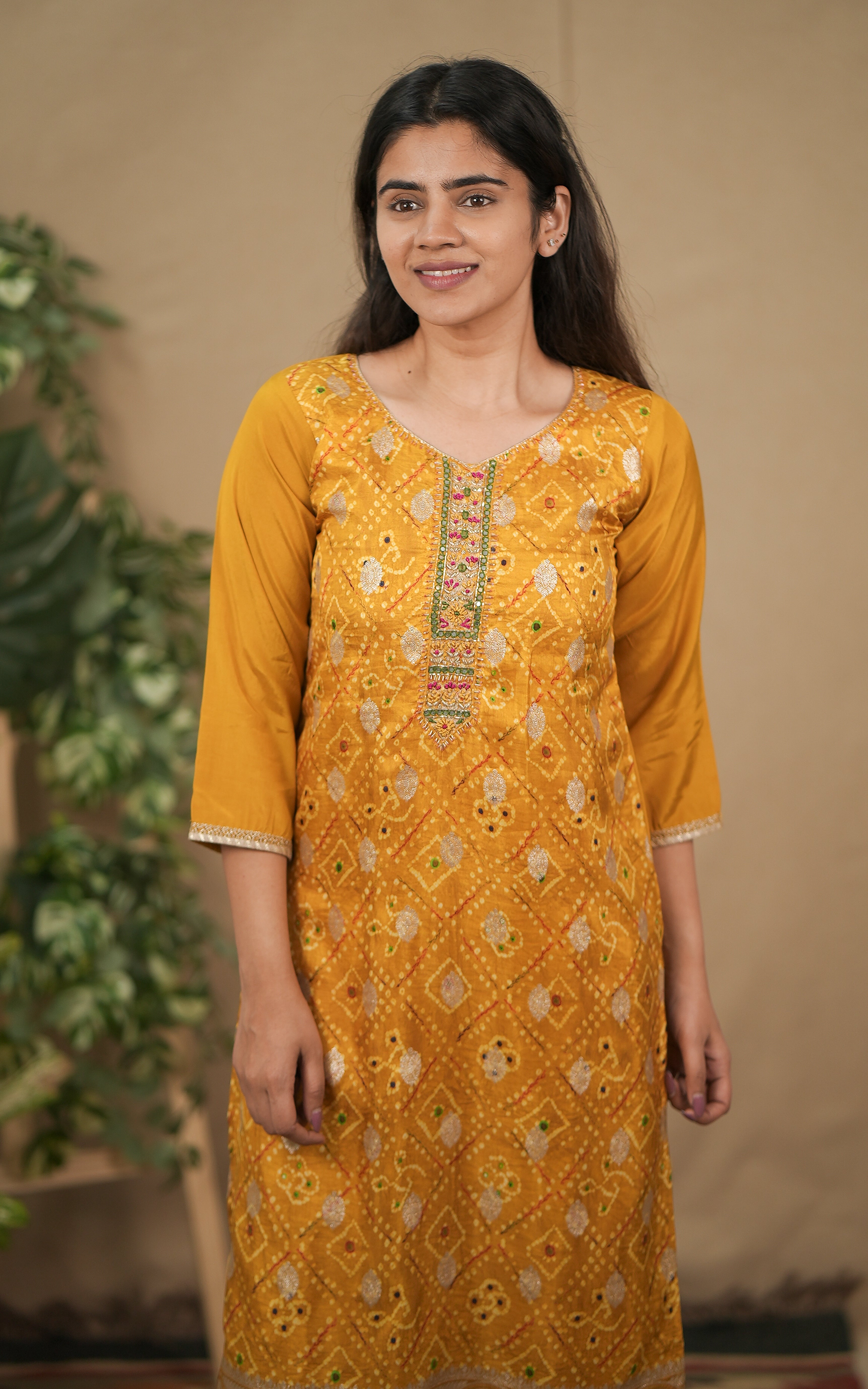 in store kurti bandhani printed art silk straight cut kurti with side slit color: yellow