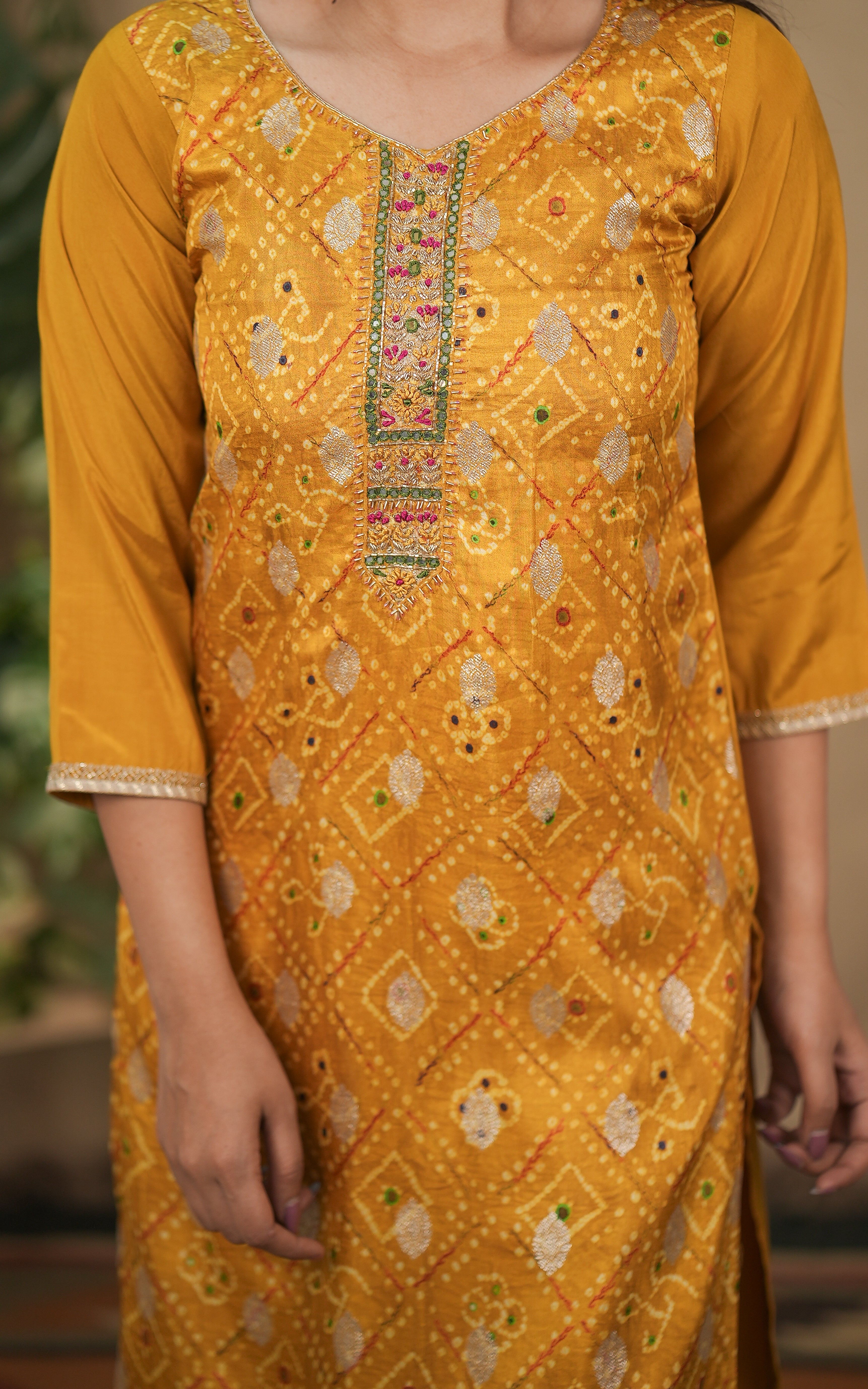instore kurti college wear for women bandhani printed art silk straight cut kurti with side slit color: yellow