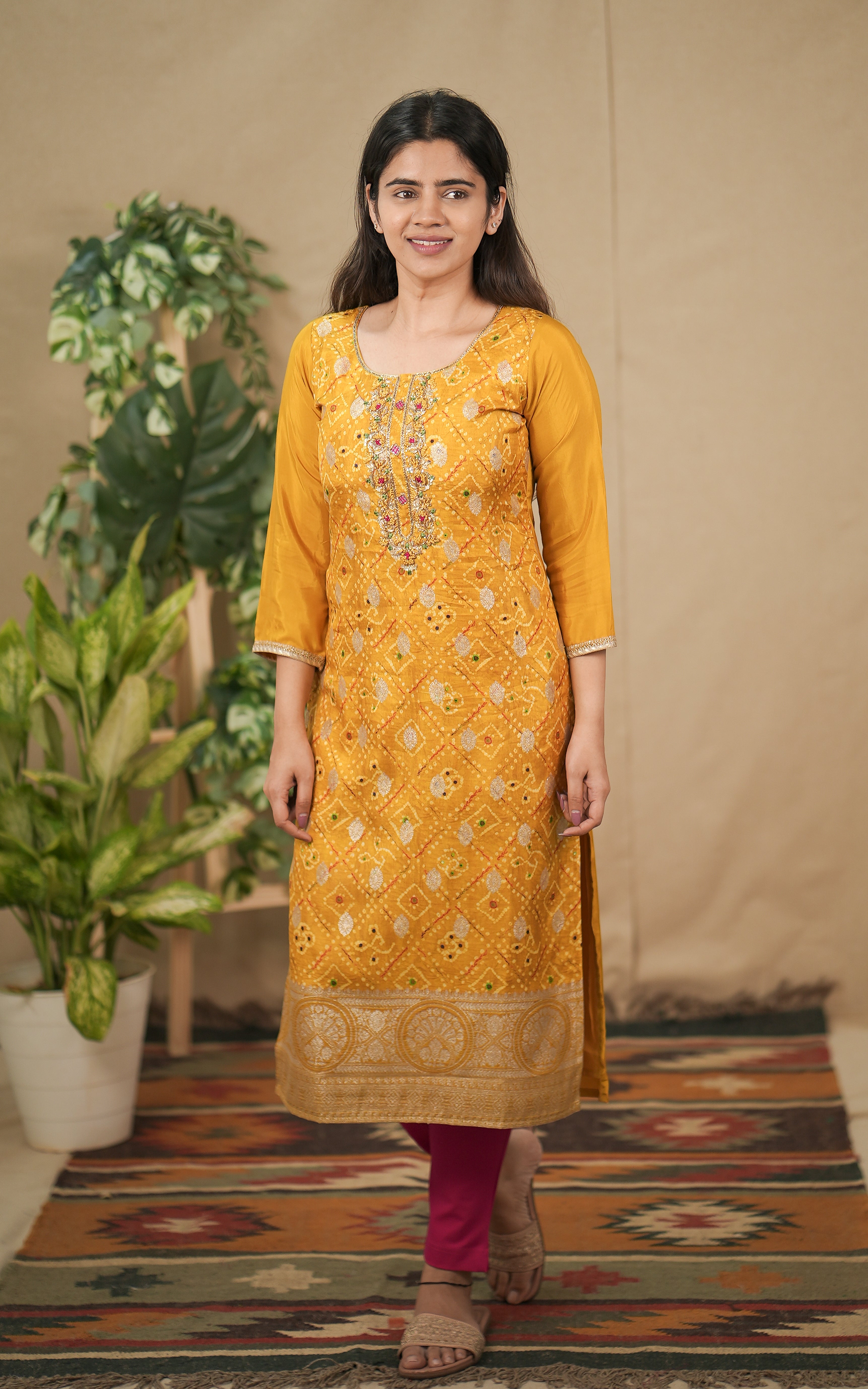 instore kurti akshata b bandhani printed art silk straight cut kurti with side slit color: mustard