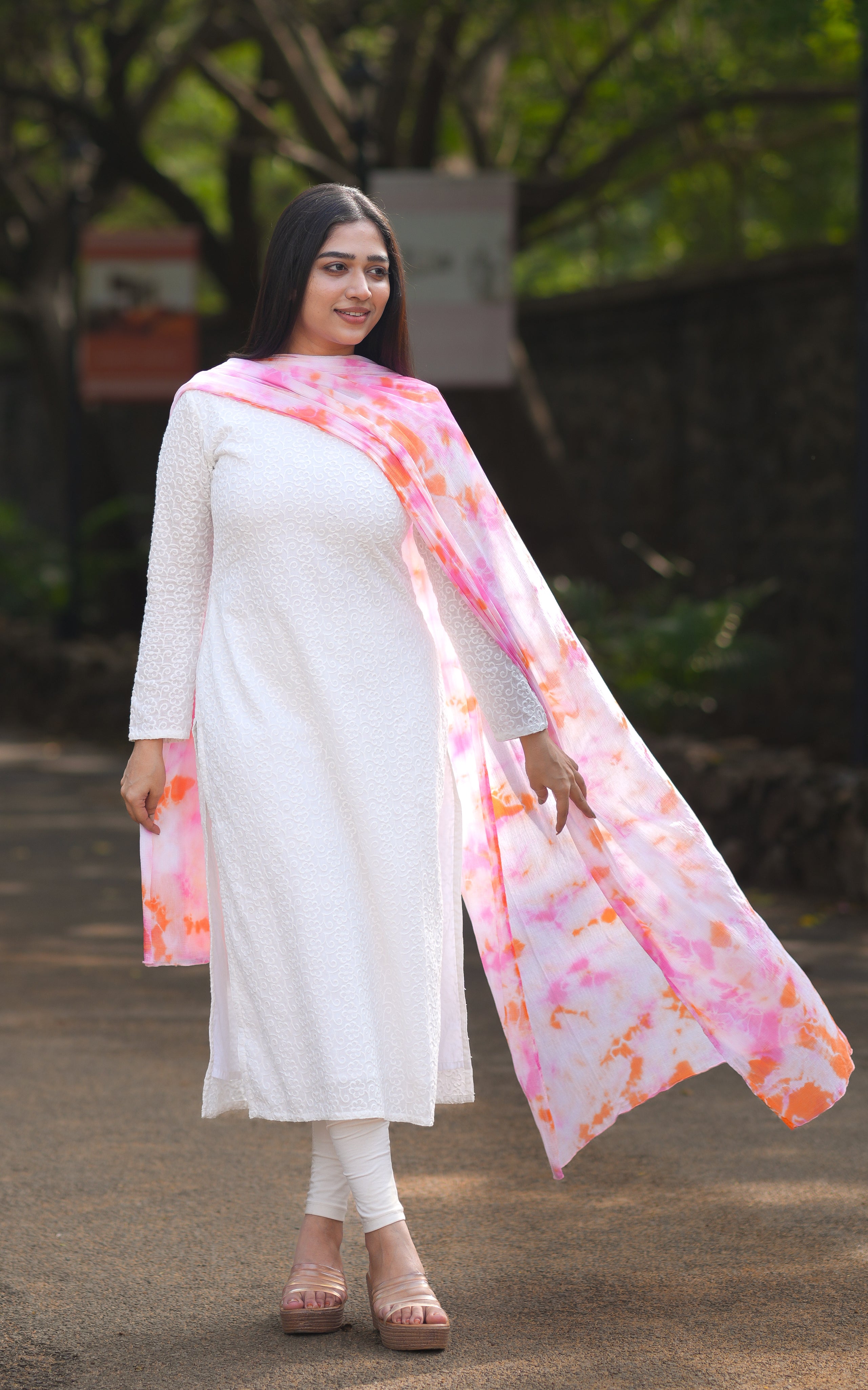 Cotton Schiffli straight cut kurti with Tie &Dye Dupatta