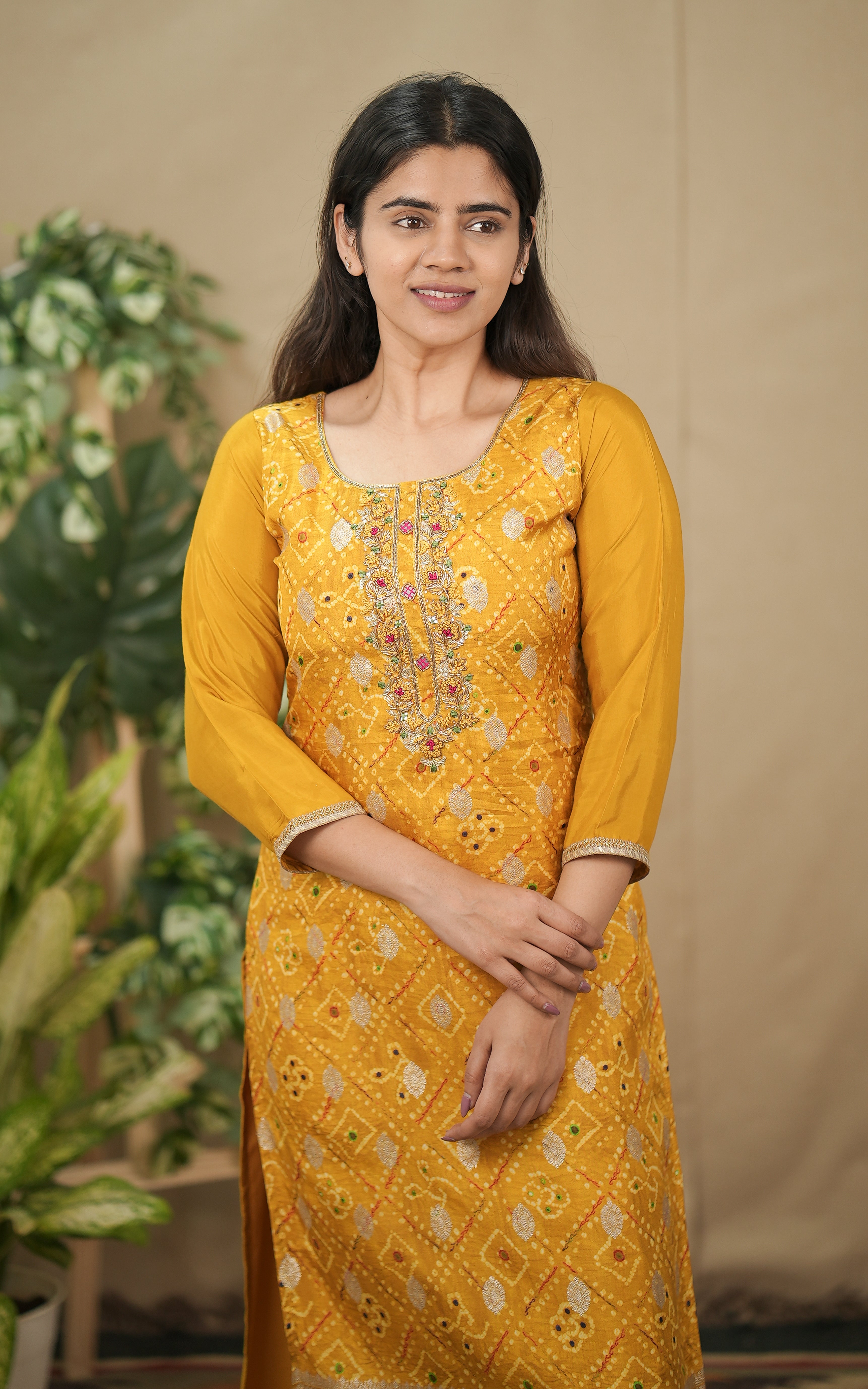 instore kurti office wear for women akshata b bandhani printed art silk straight cut kurti with side slit color: mustard