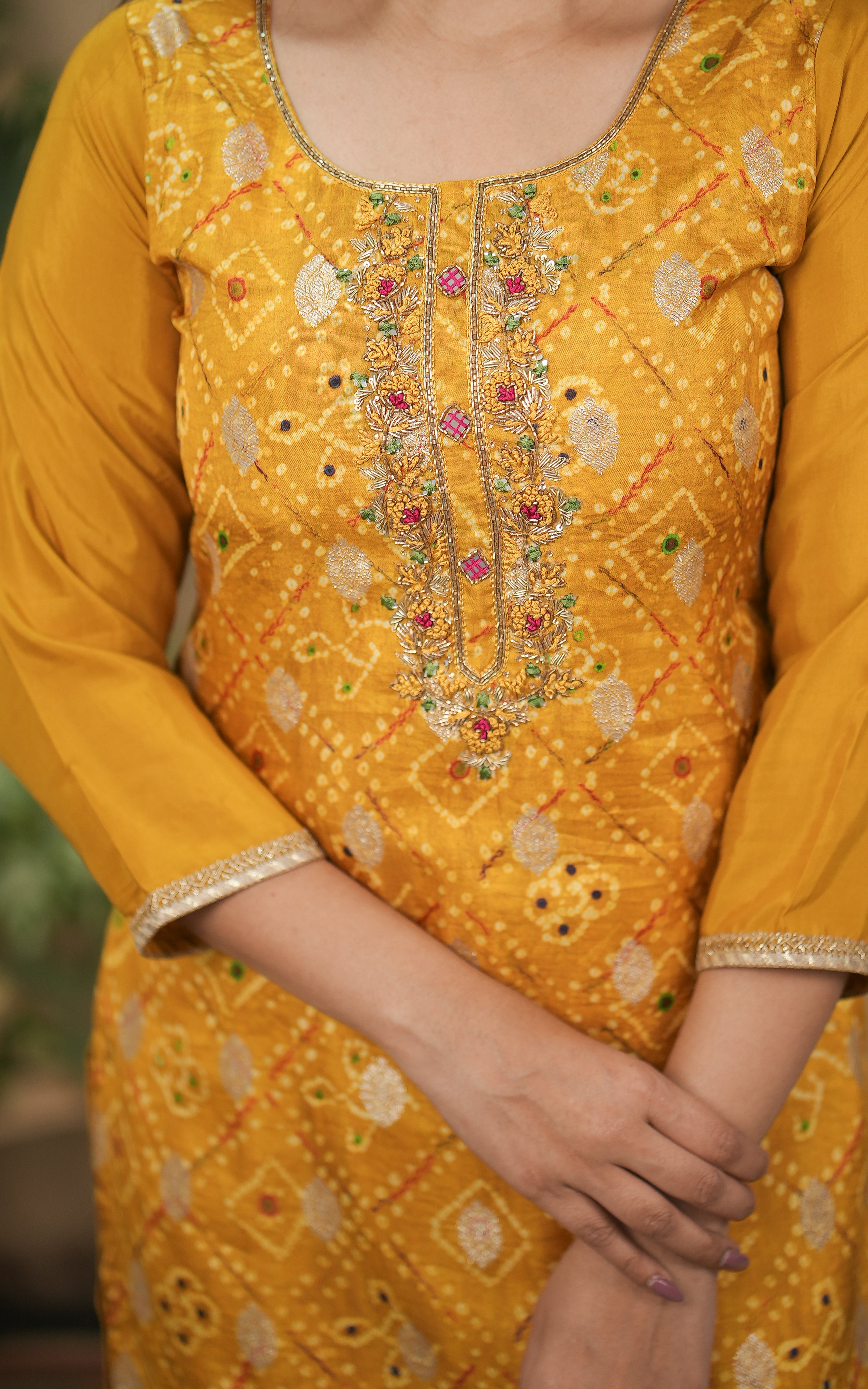 instore kurti college wear for women akshata b bandhani printed art silk straight cut kurti with side slit color: mustard