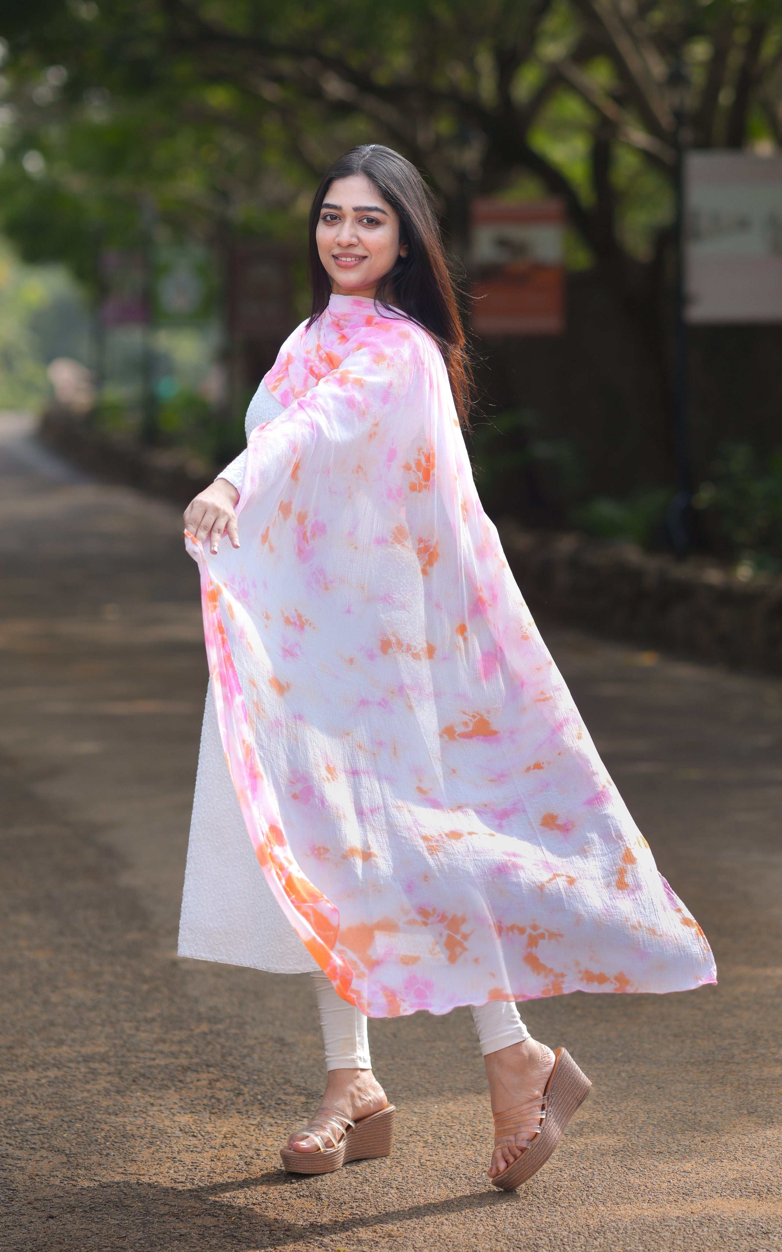 color combination of white and tey and dye pink with orange dupatta 