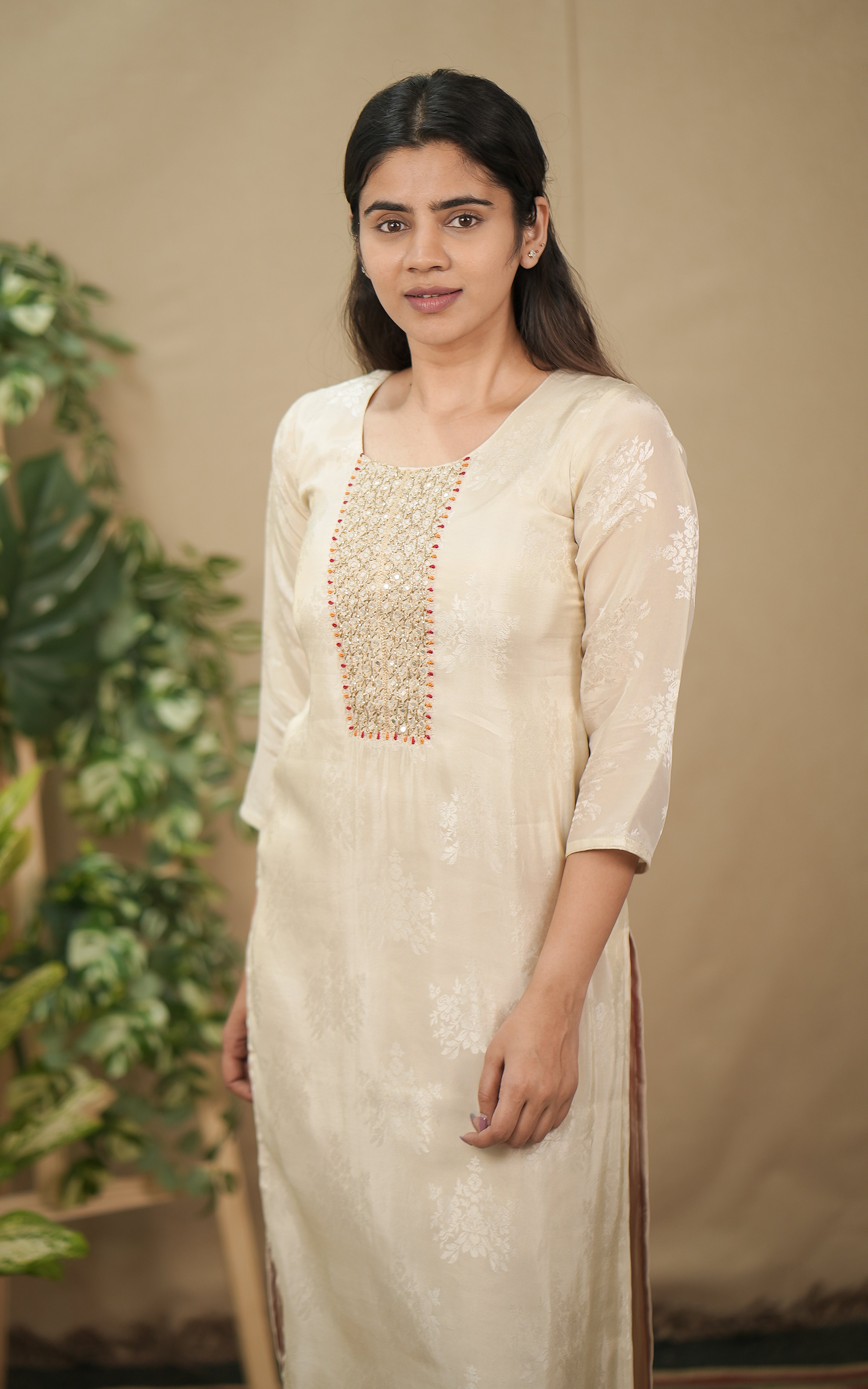 instore kurti office wear for women art banarasi silk straight cut kurti with side slit and mirror & aari work in front yoke color: off white