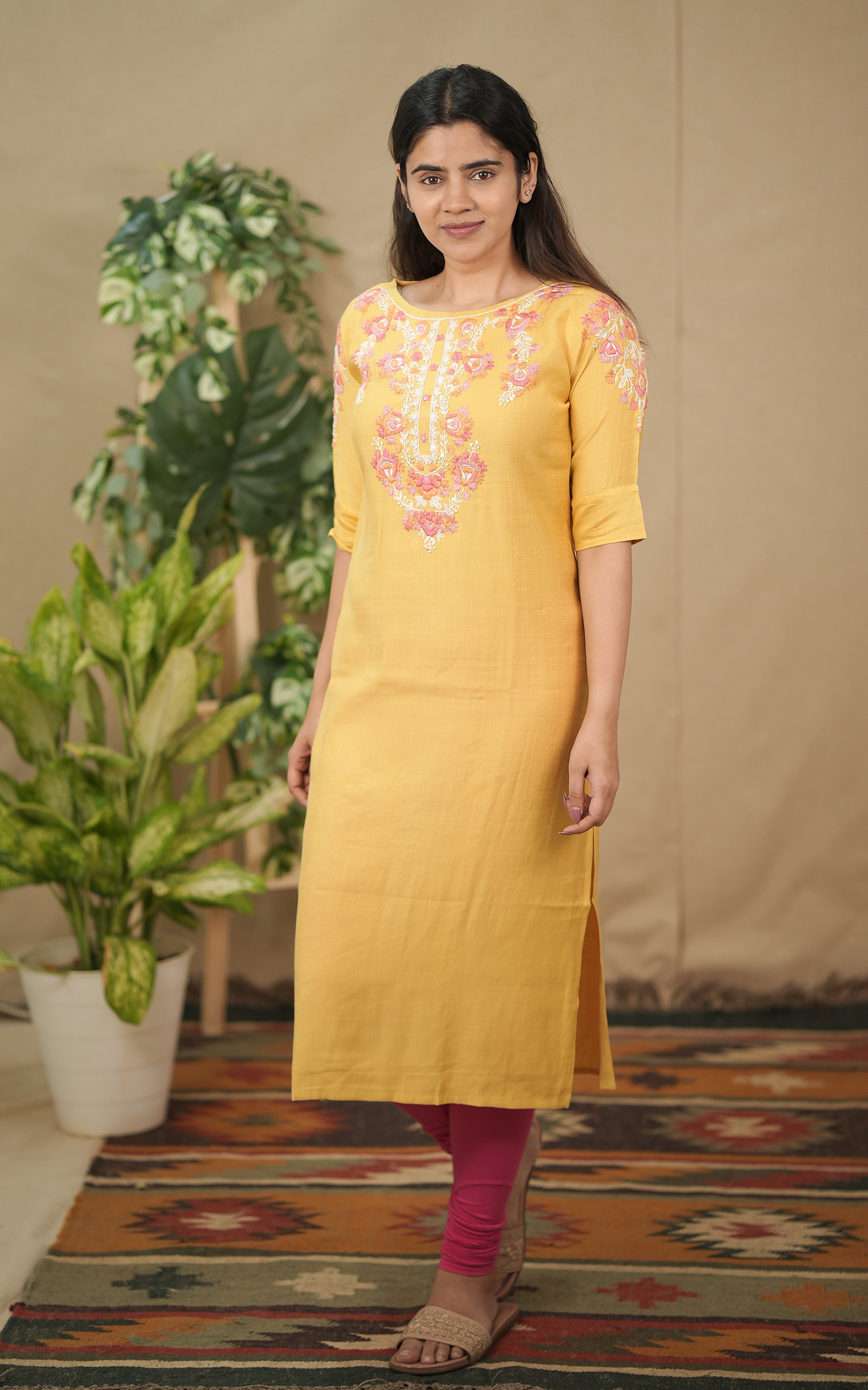 instore kurti rishi straight cut cotton blend, embroidered front yoke yellow color kurti 