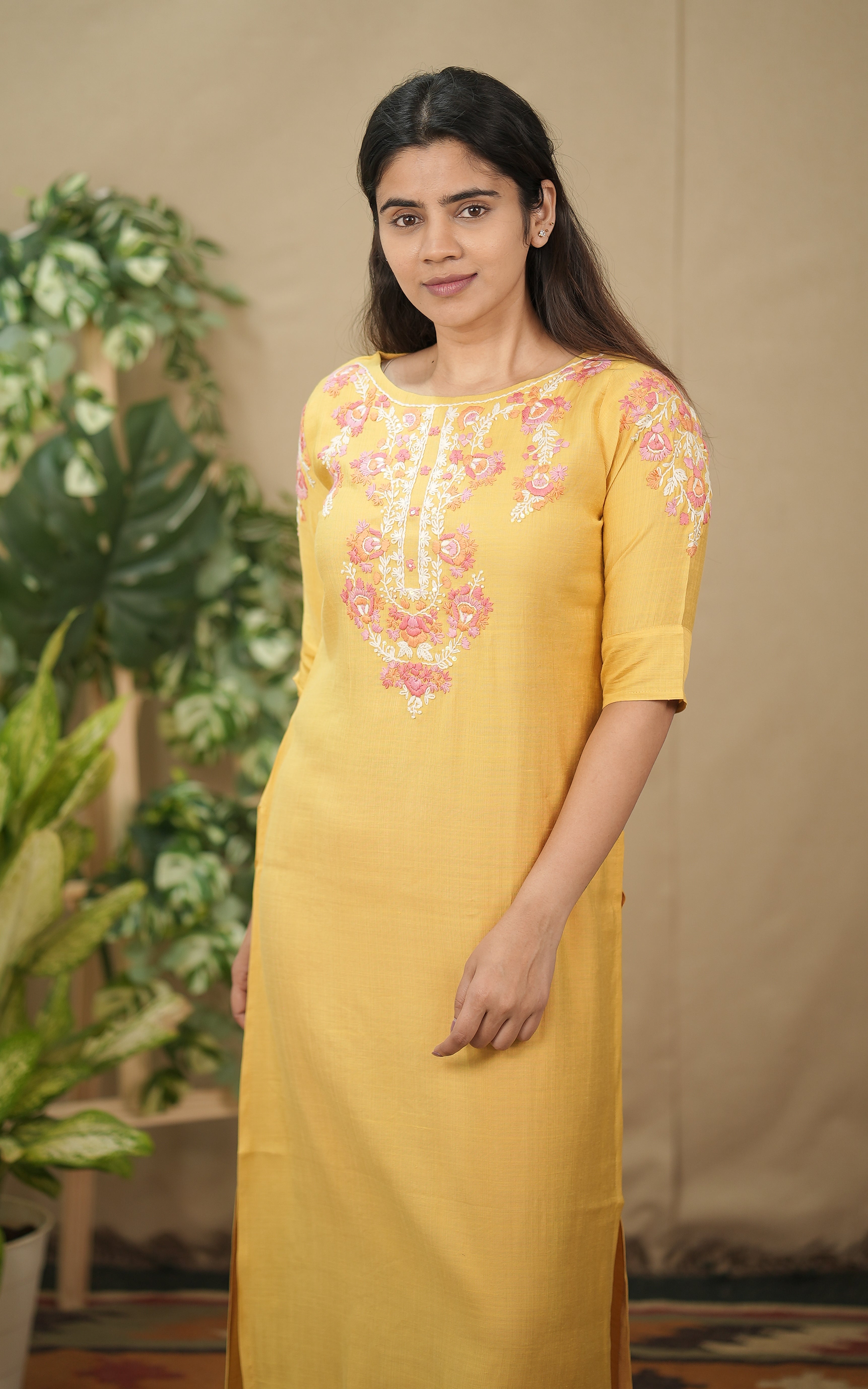 instore kurti office wear for women straight cut cotton blend, embroidered front yoke yellow color kurti 