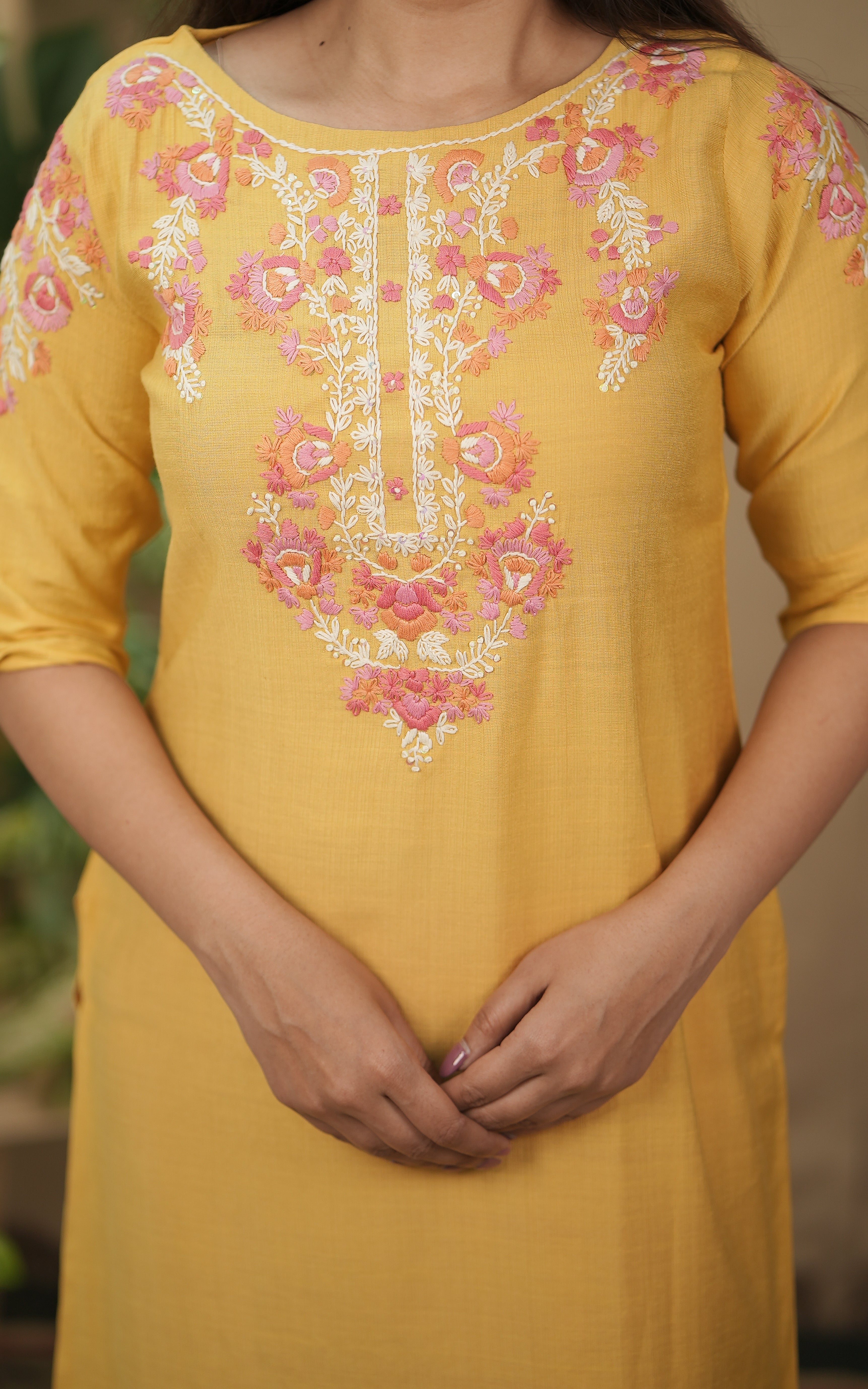 instore college wear for women straight cut cotton blend, embroidered front yoke yellow color kurti 