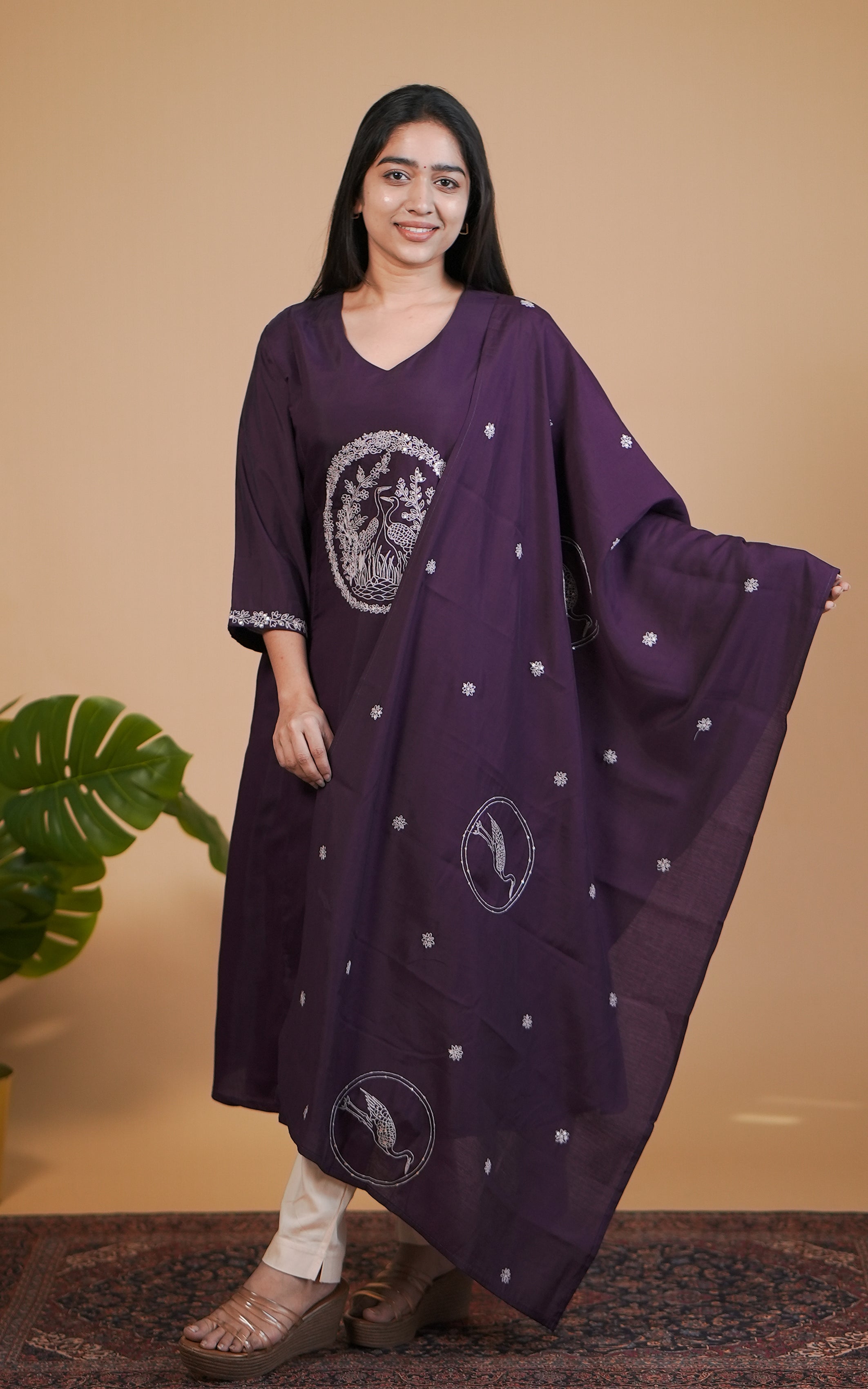 Instore – Purple Hansika Kurti with Dupatta for Women – Art Silk – Festive Ethnic Wear