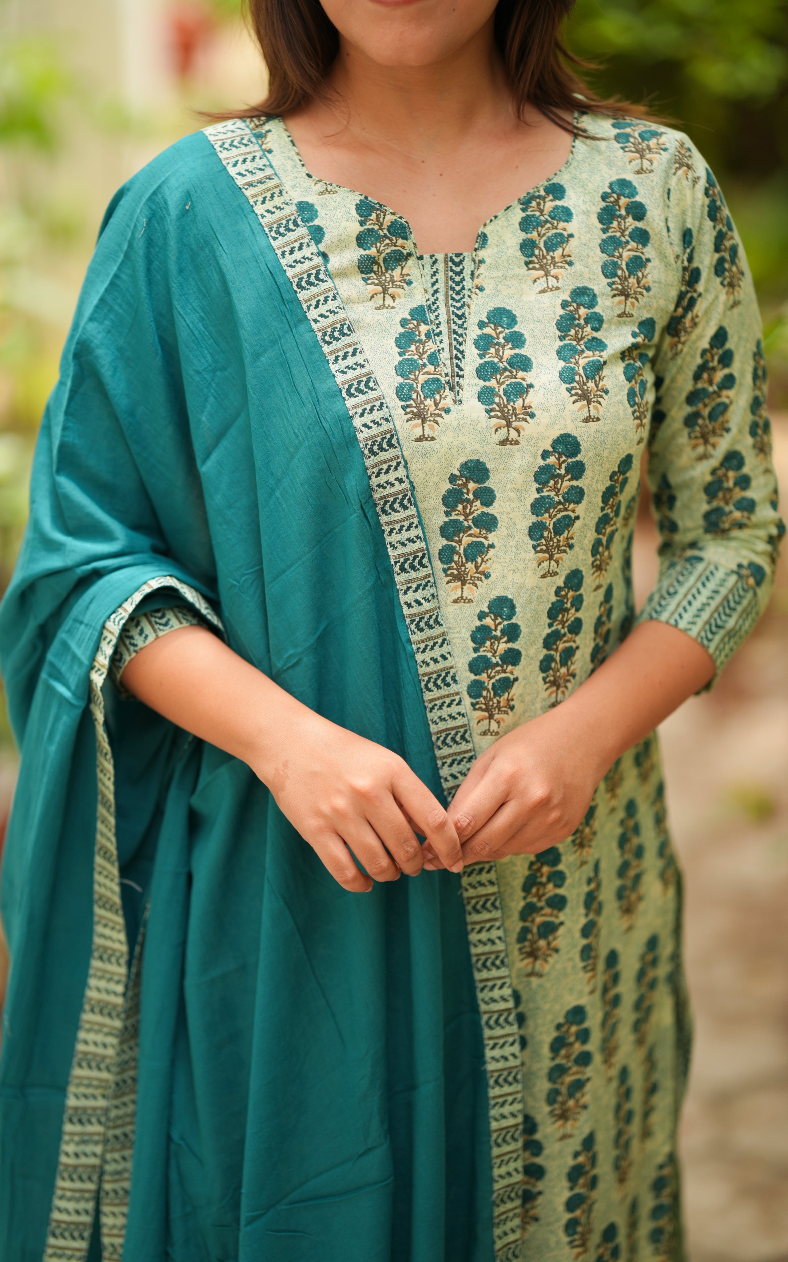 printed cotton straight cut kurti with pant and dupatta