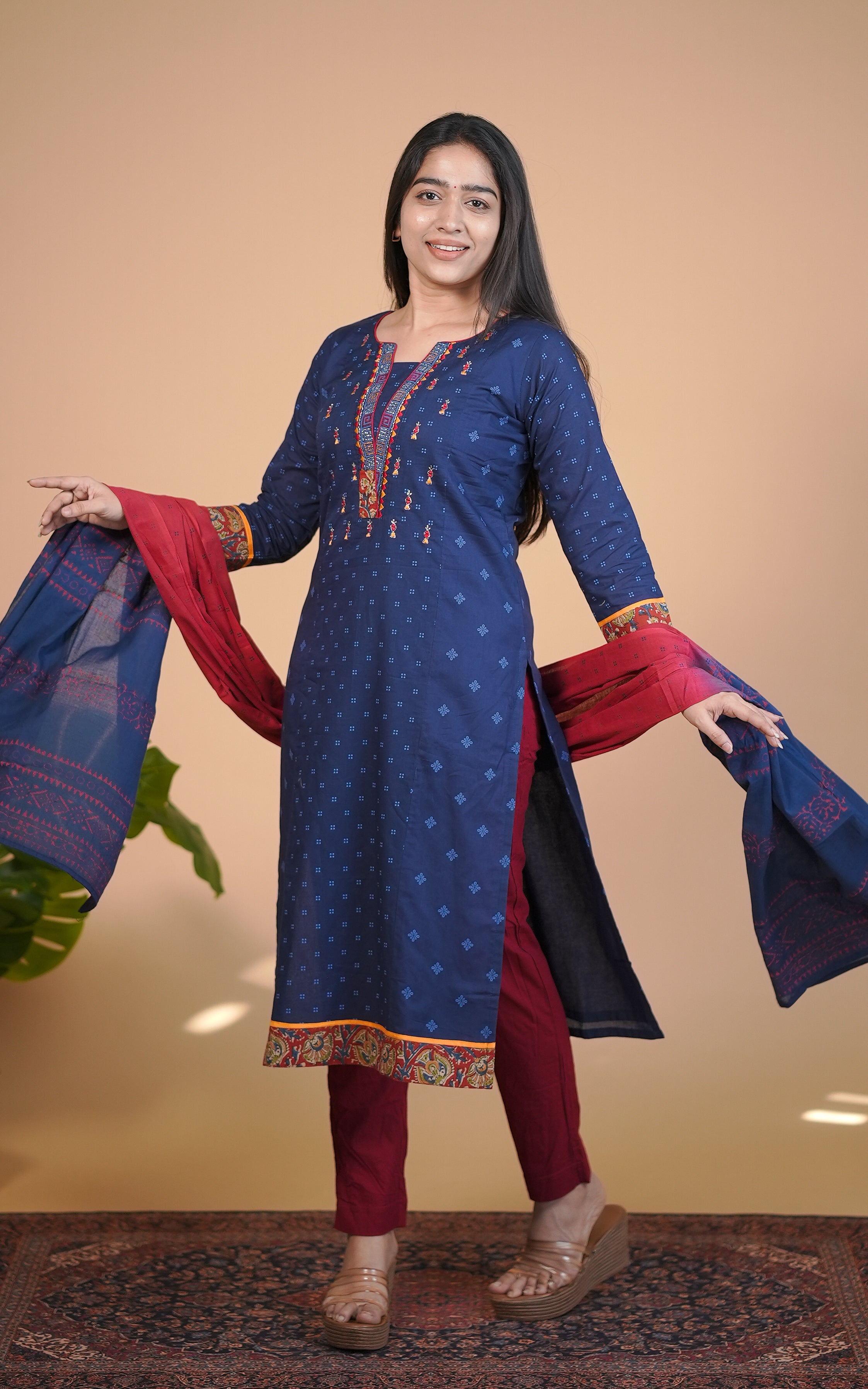 Navy blue cotton kurti with side slit for women