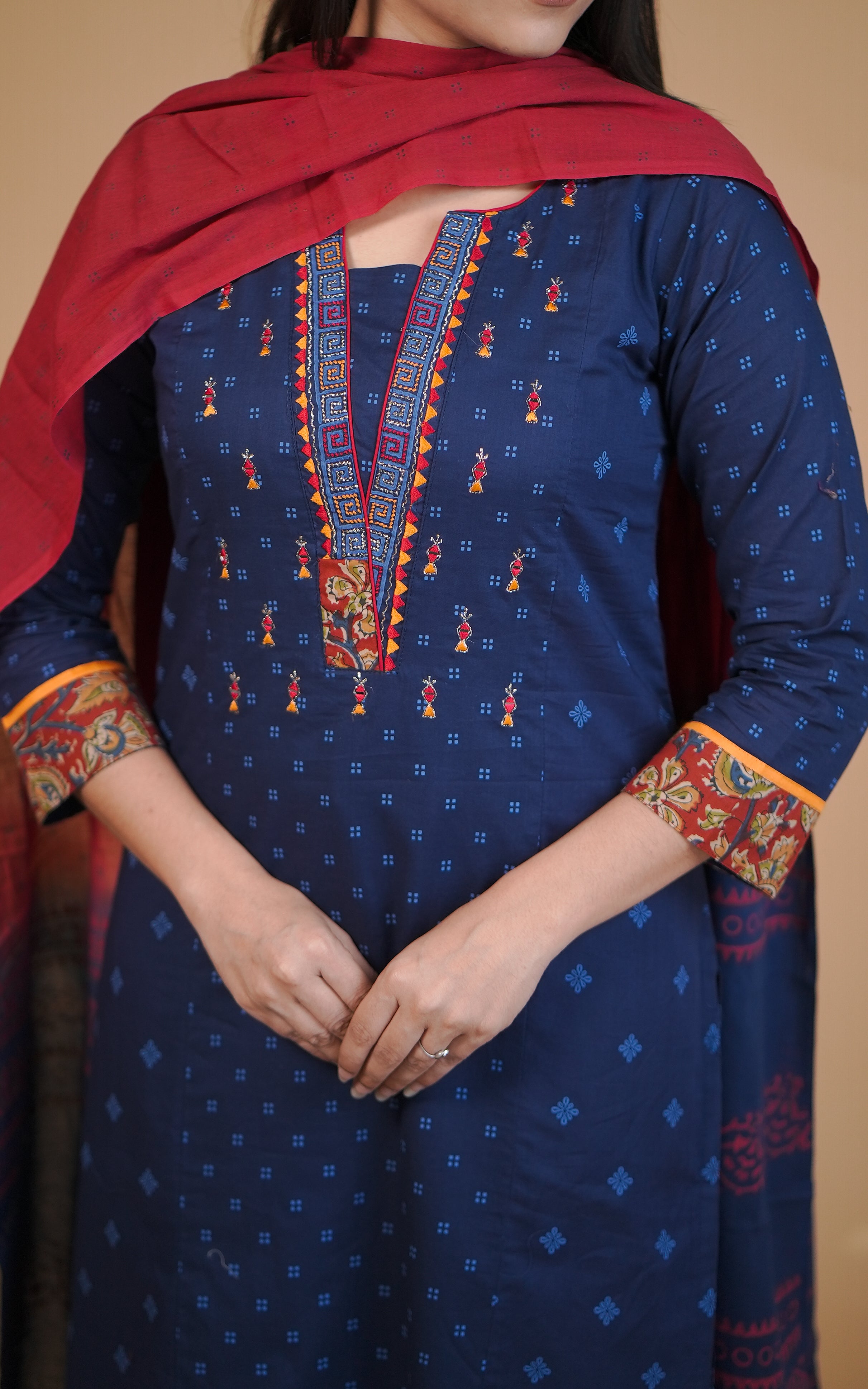 Comfortable navy blue cotton kurti set for women