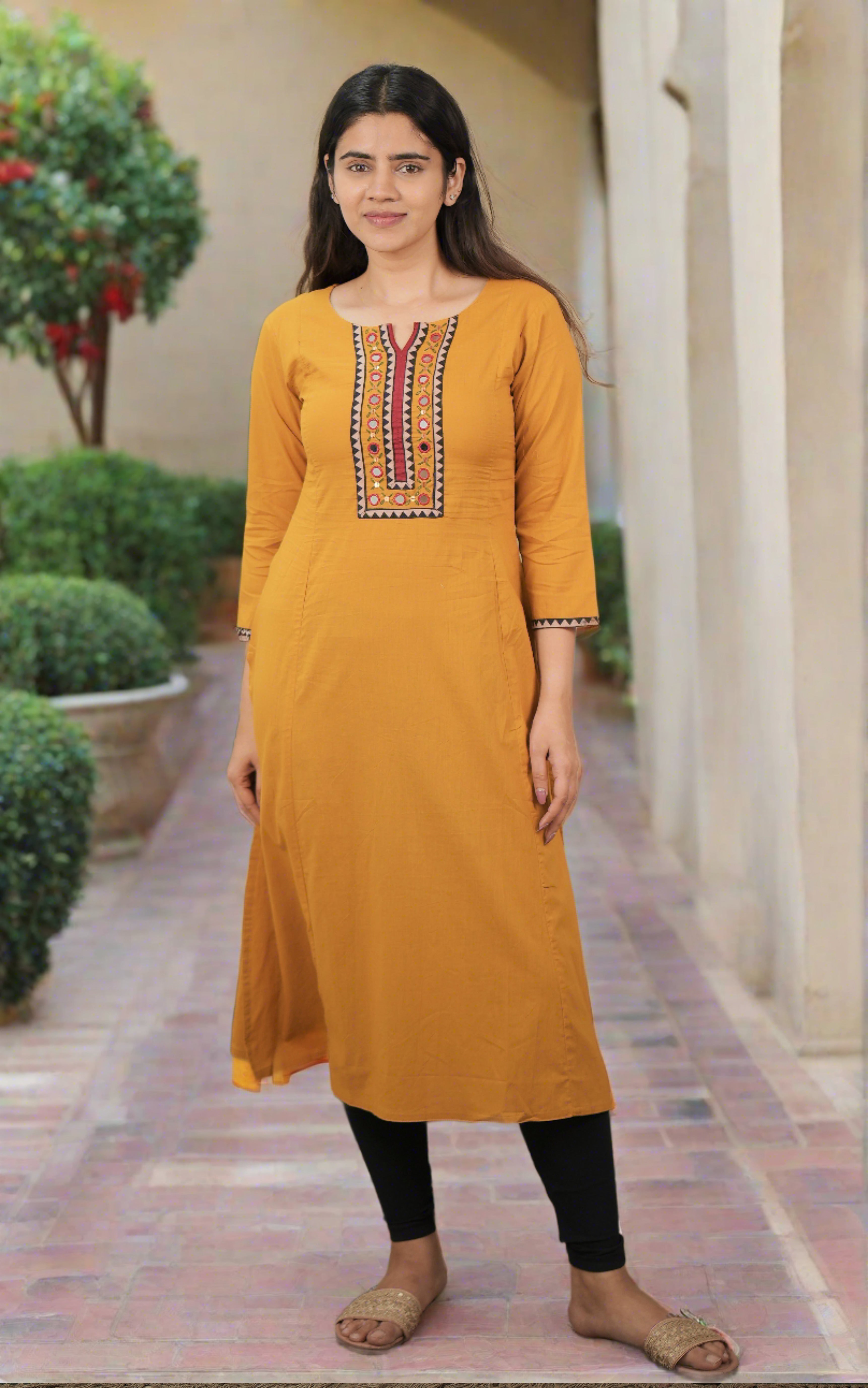 instore kurti mohini cotton aline kurti with side slit and mirror work in front yoke color: mustard 