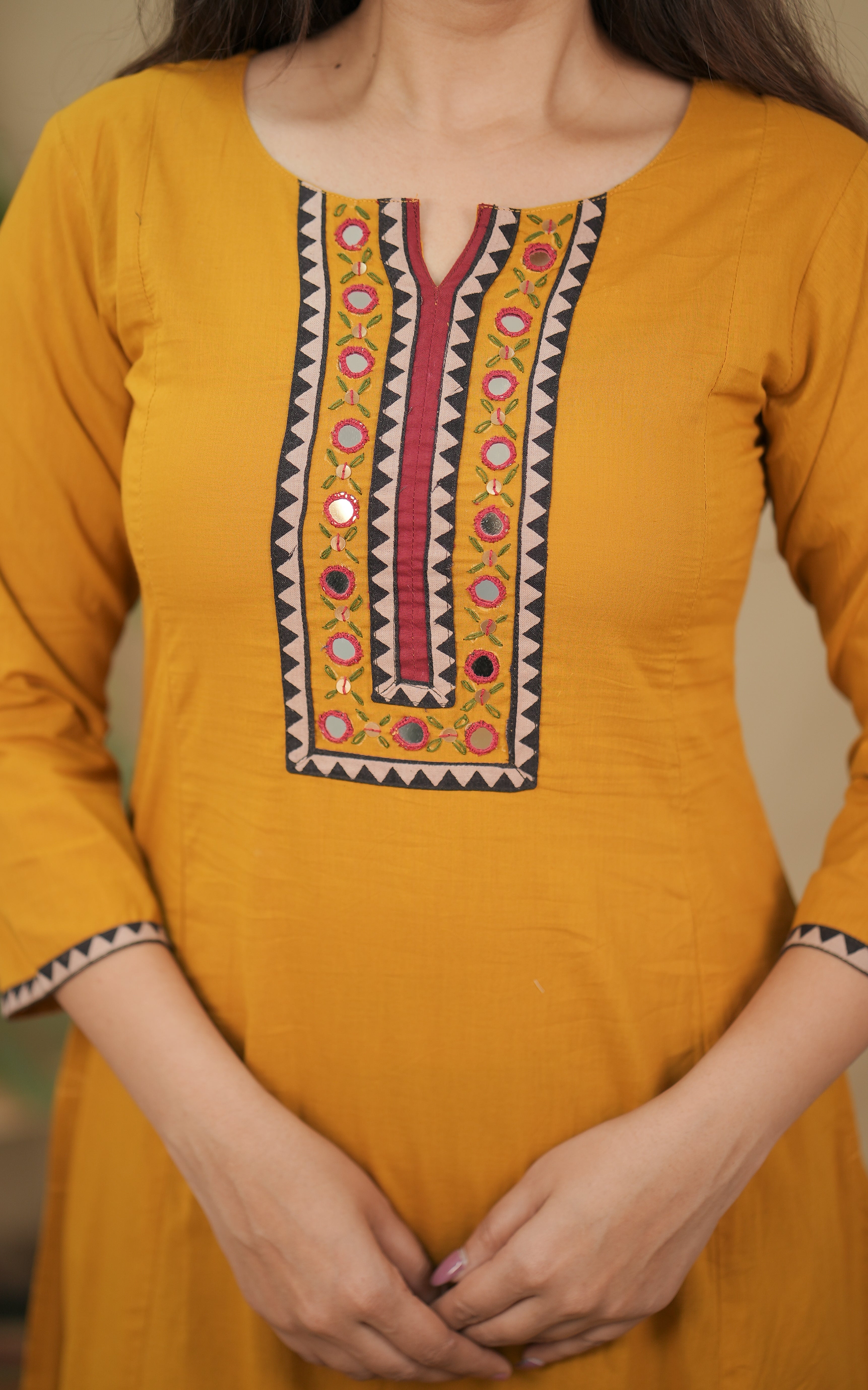 instore kurti office wear for women mohini cotton aline kurti with side slit and mirror work in front yoke color: mustard 