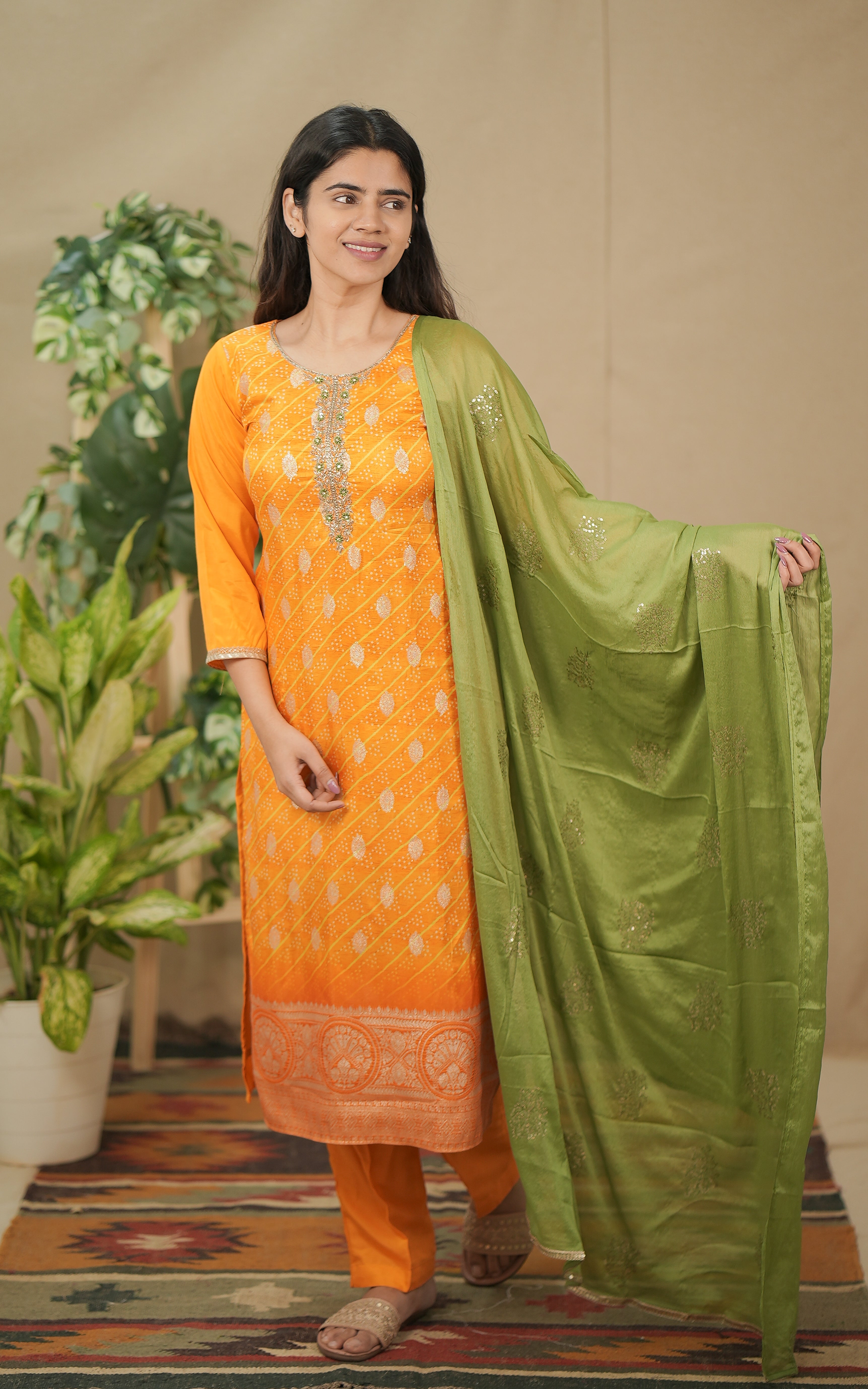 instore kurti daksha yellow (kurti+pant+dupatta) art silk bandhani straight cut kurti color: mango yellow