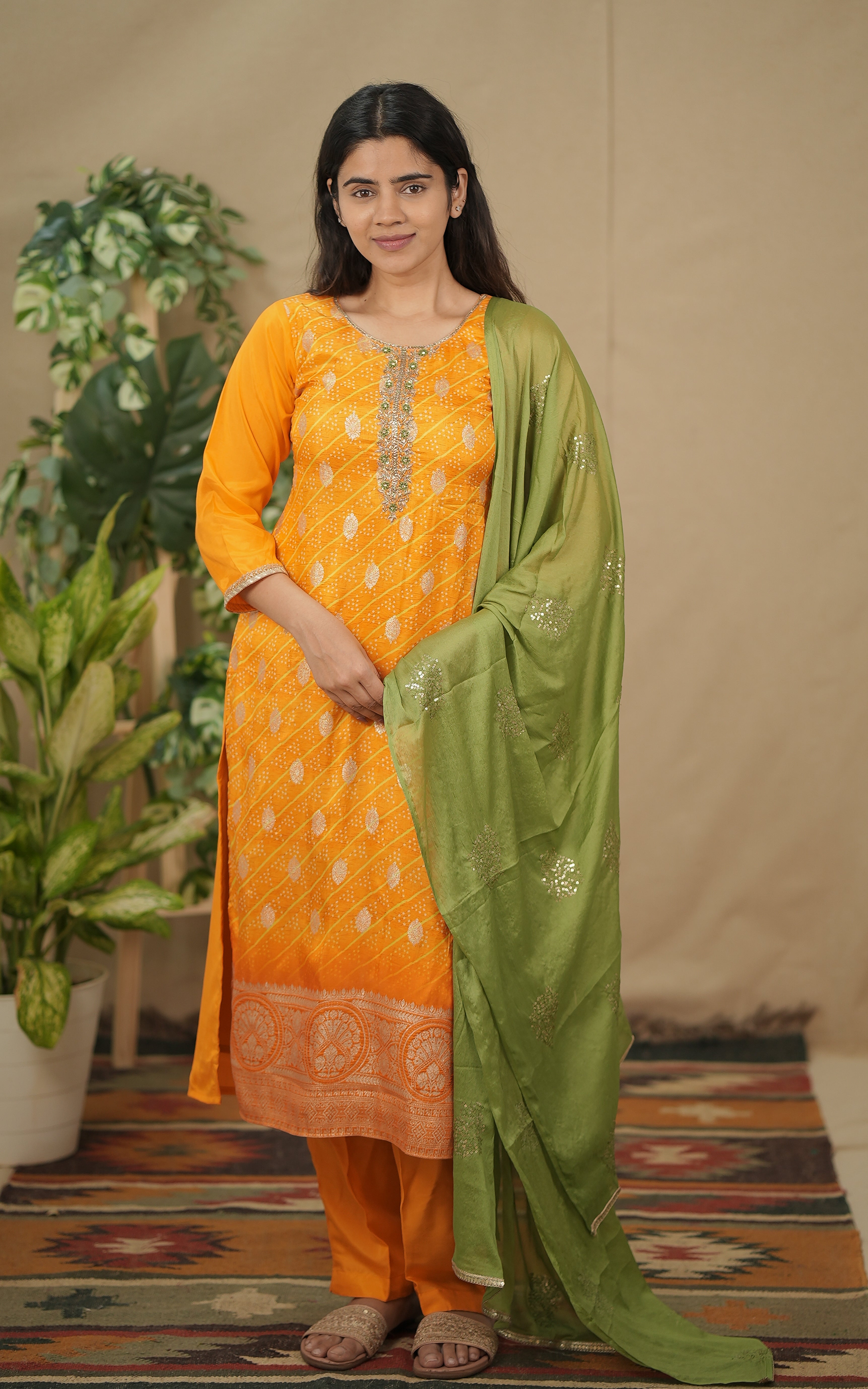 instore kurti office wear for women art silk bandhani straight cut kurti color: mango yellow
