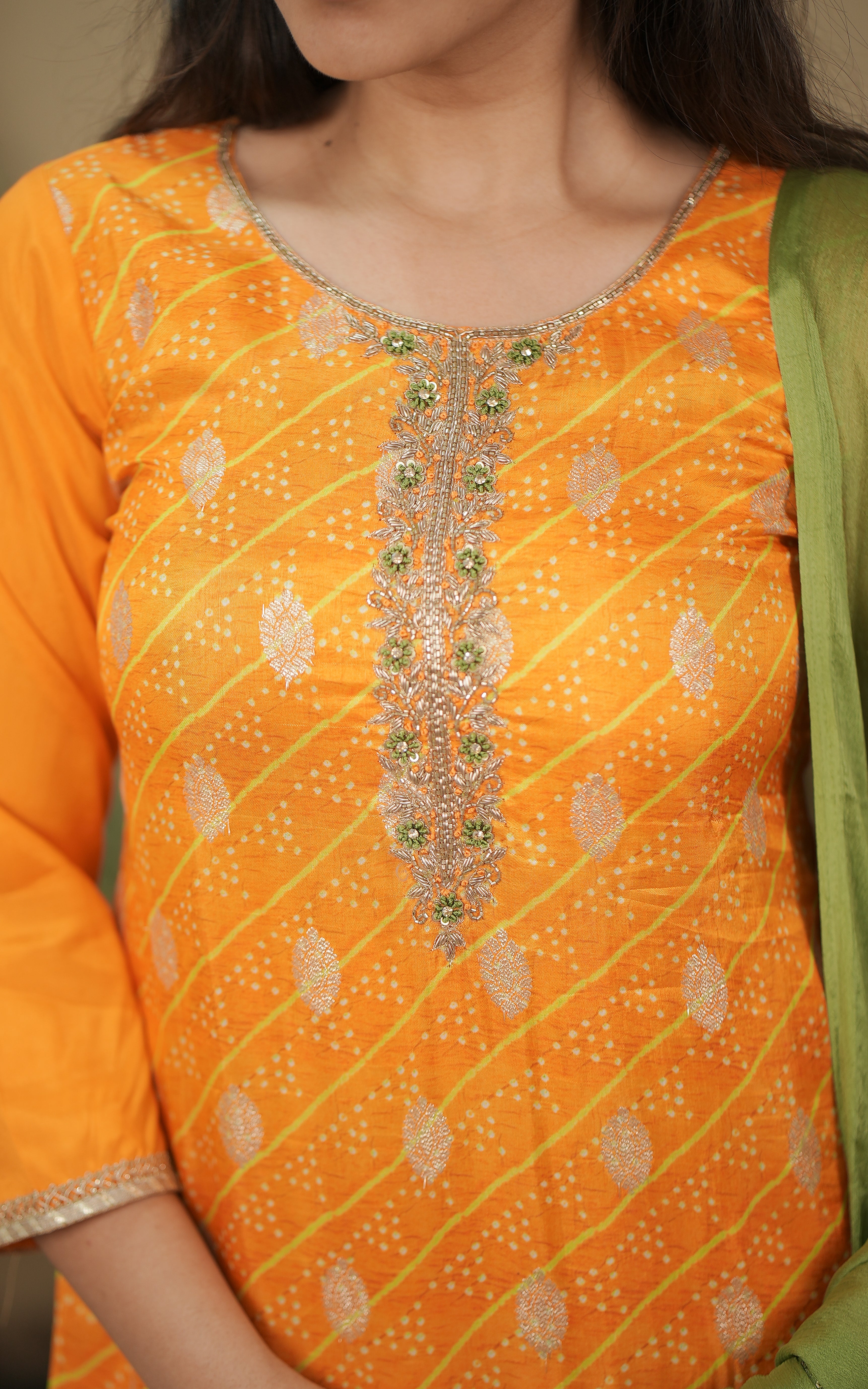 instore kurti set art silk bandhani straight cut kurti color: mango yellow