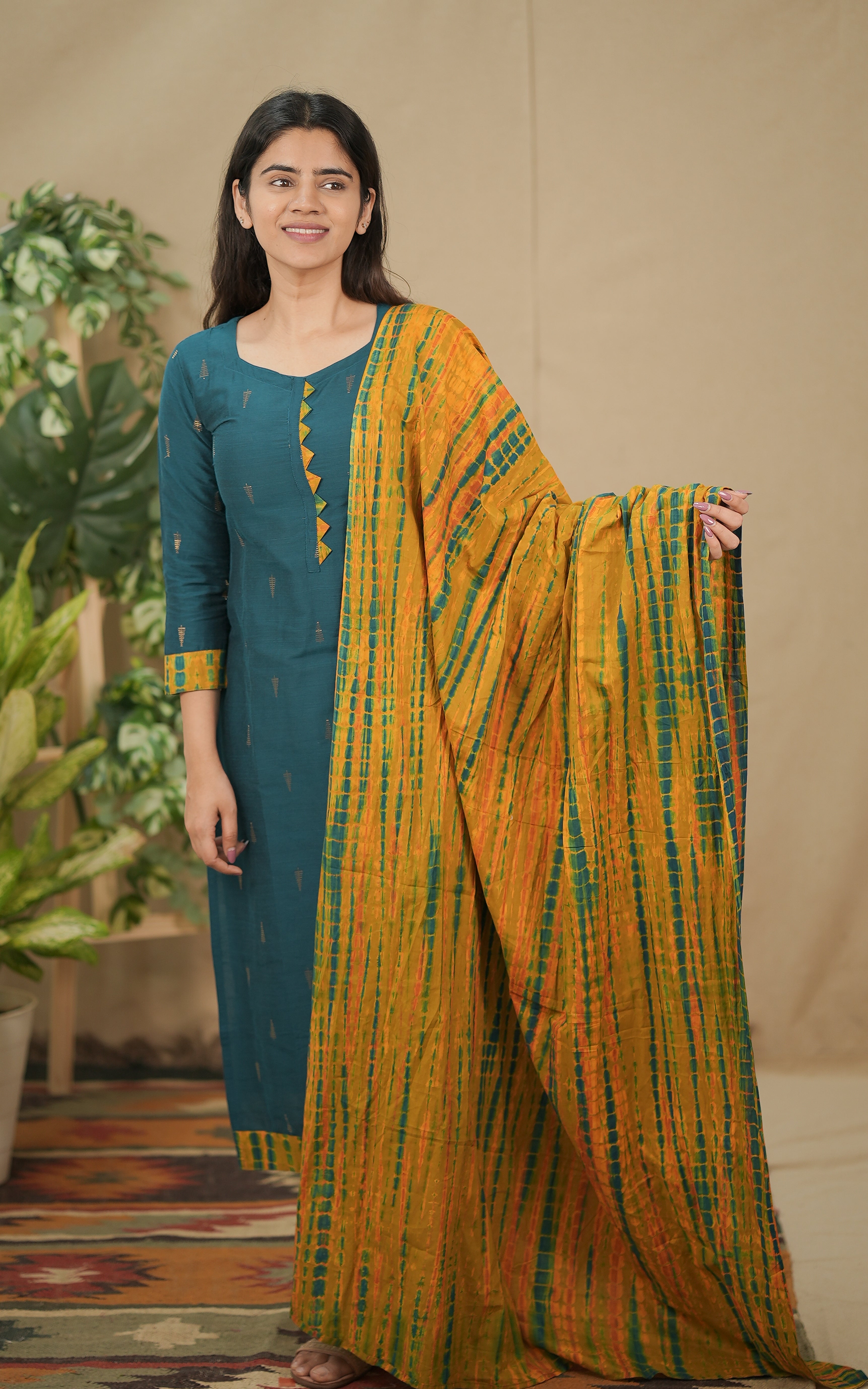 in store kurti straight cut silk cotton with tie & dye dupatta color: teal