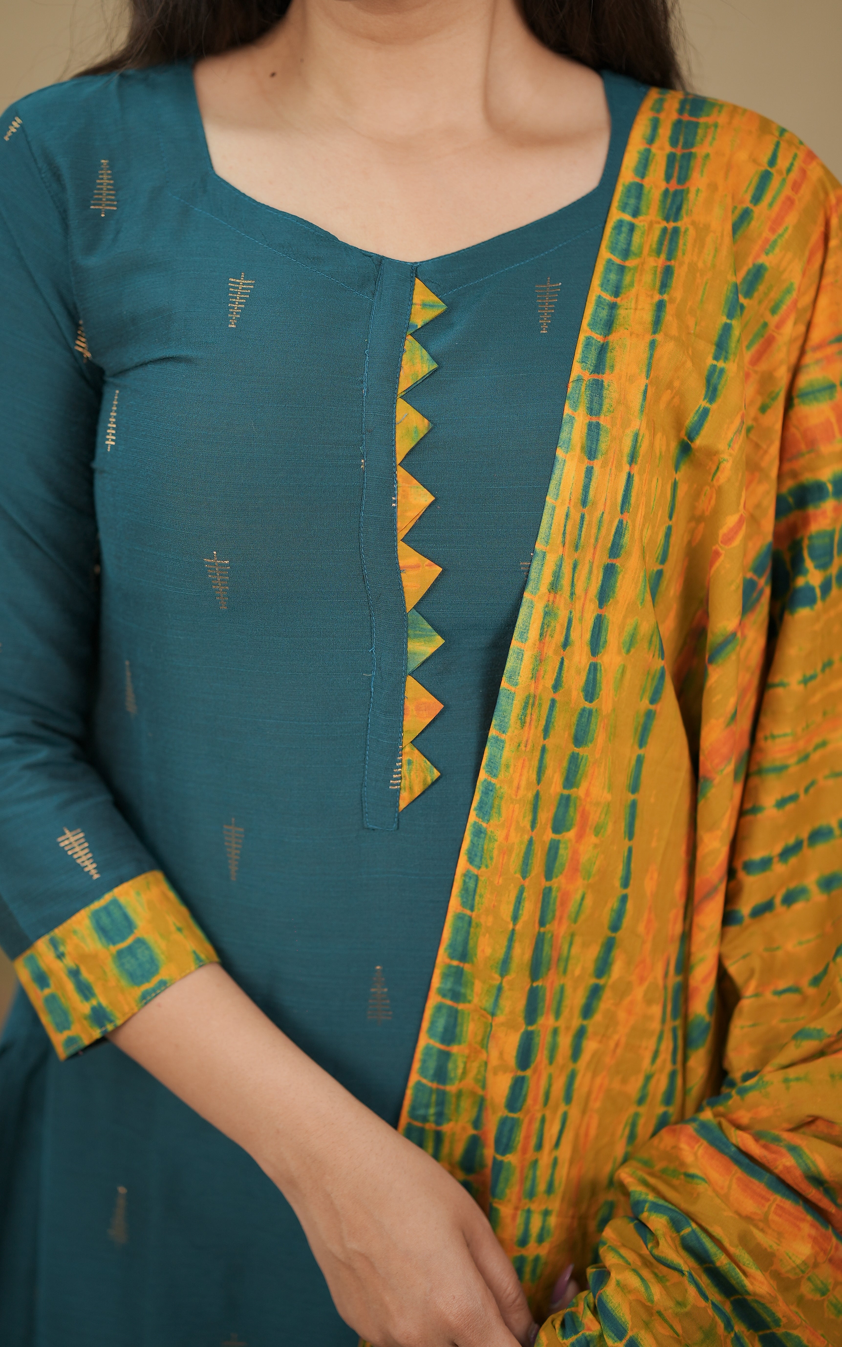 instore kurti office wear for women straight cut silk cotton with tie & dye dupatta color: teal
