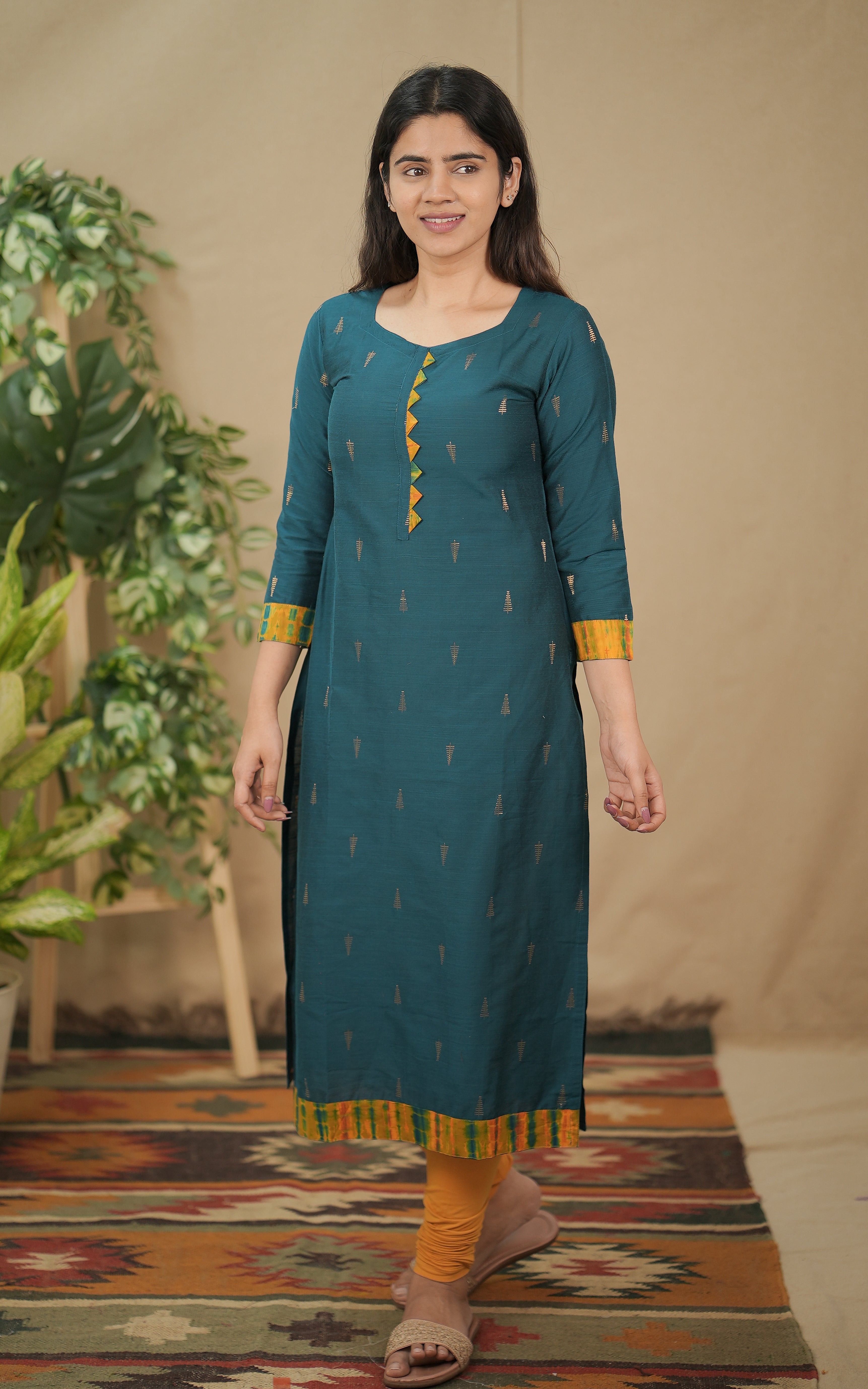instore kurti college wear for women straight cut silk cotton with tie & dye dupatta color: teal