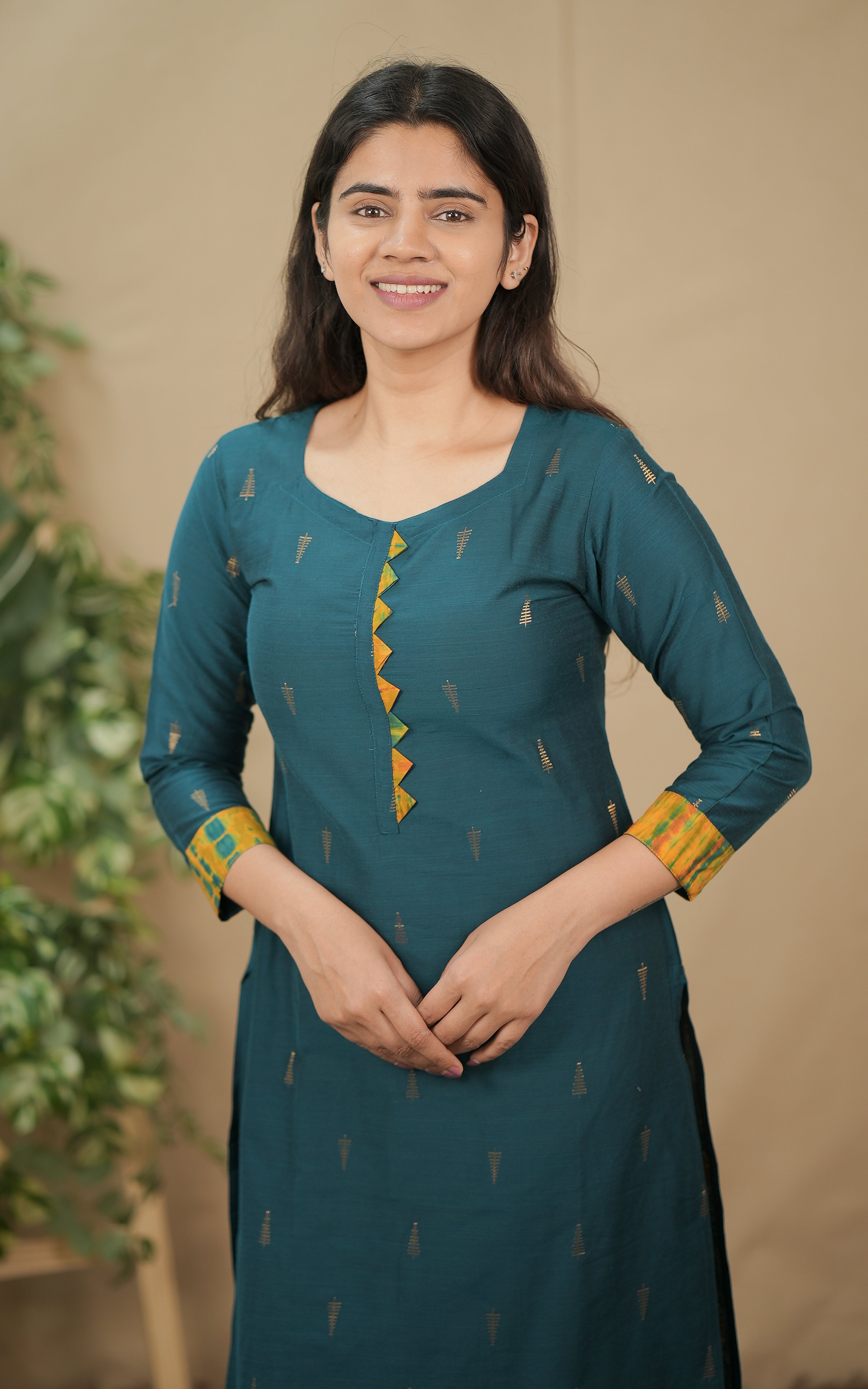 instore kurti office collection straight cut silk cotton with tie & dye dupatta color: teal