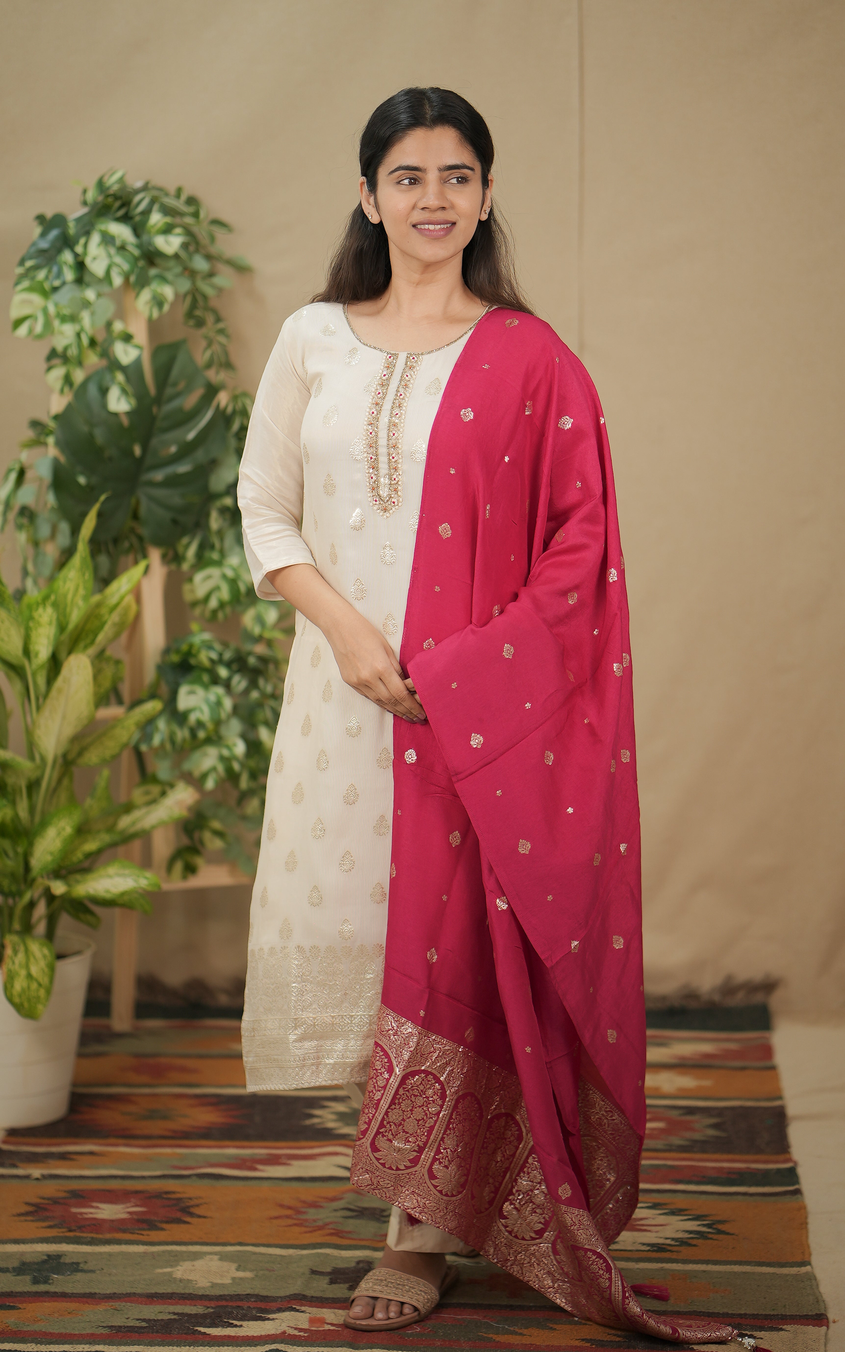 instore kurti office wear for women art banarasi silk straight cut kurti color: off white