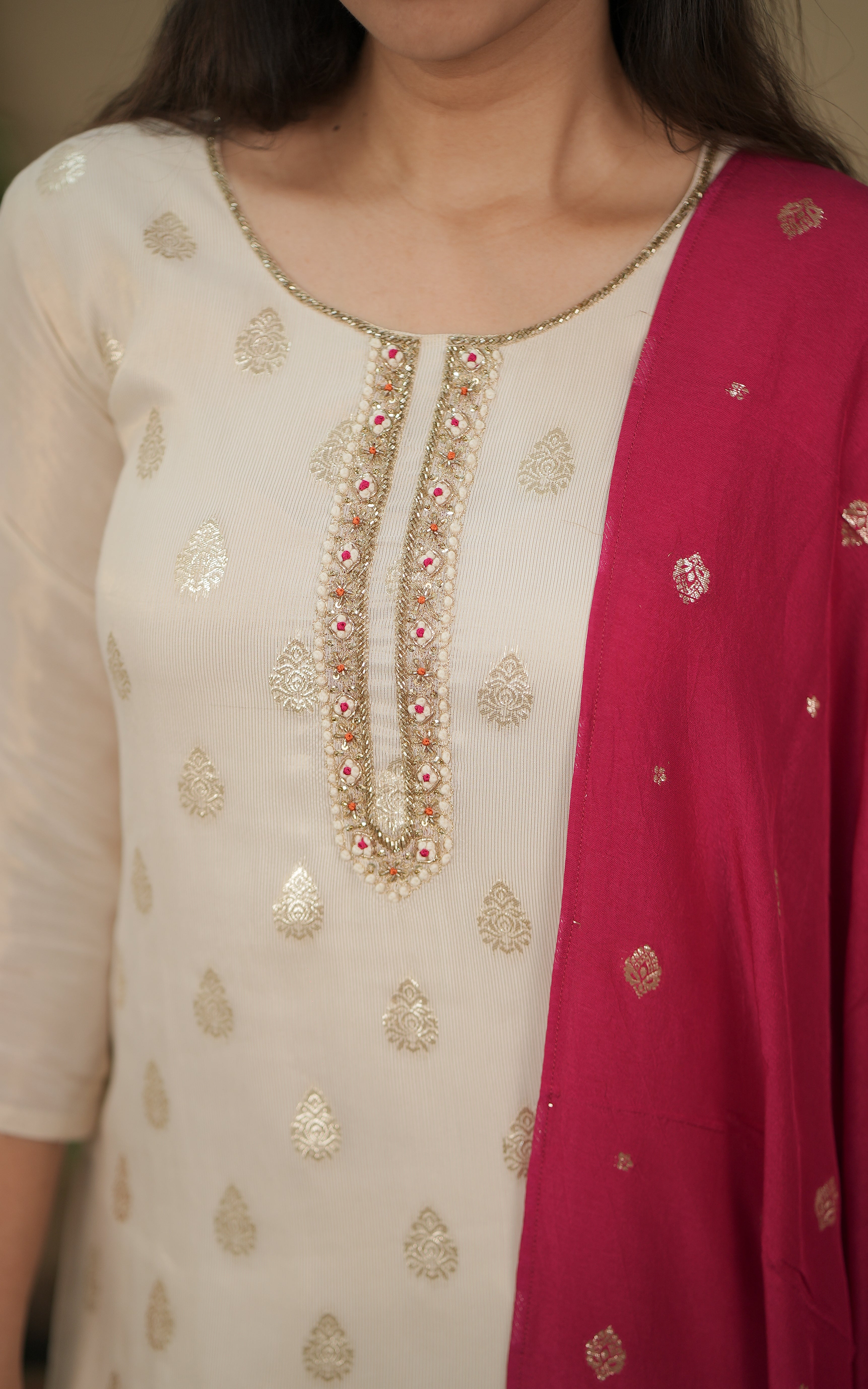 instore kurti college wear for women art banarasi silk straight cut kurti color: off white