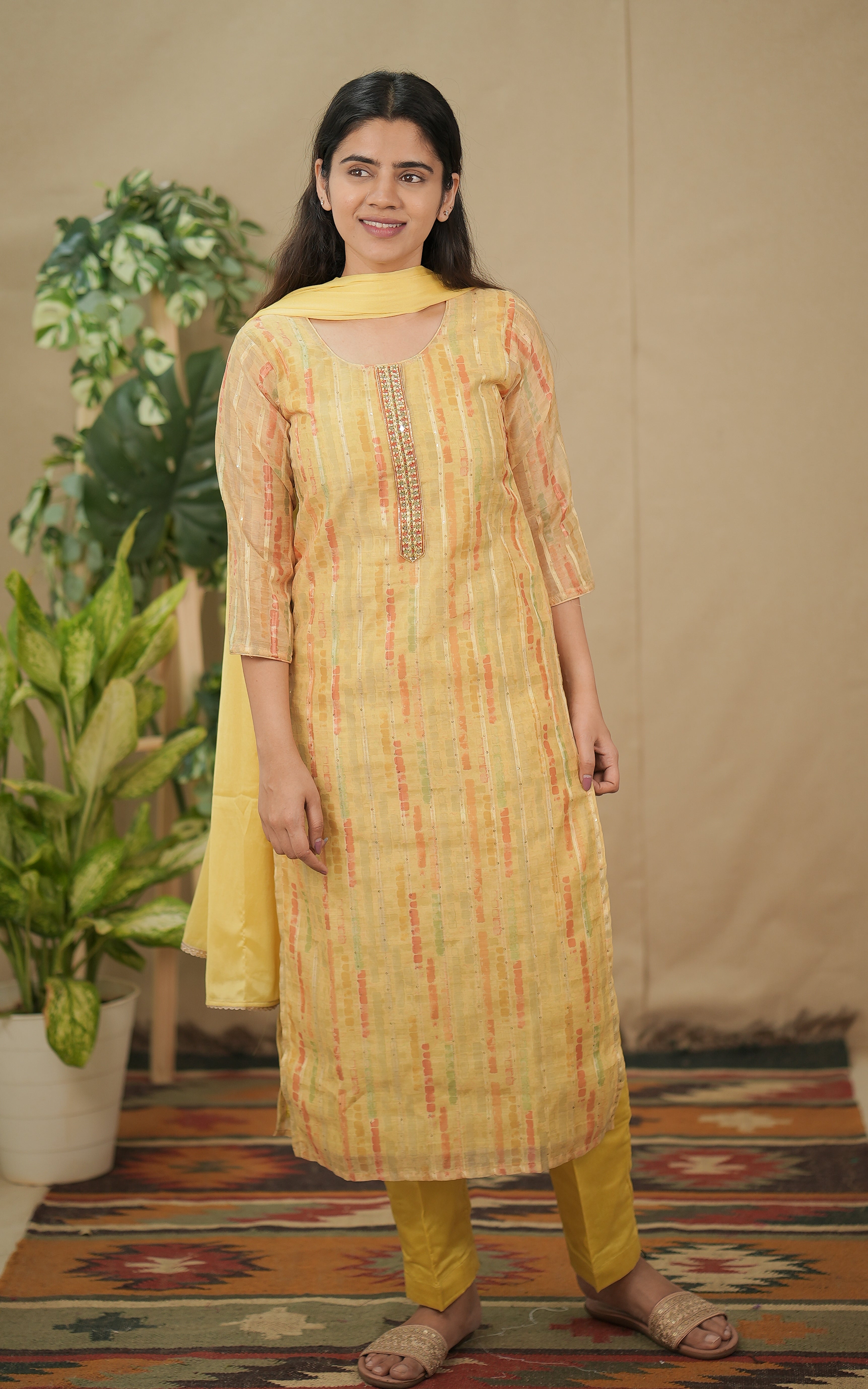 instore office wear for women daksha yellow (kurti+pant+dupatta) art silk bandhani straight cut kurti color: yellow