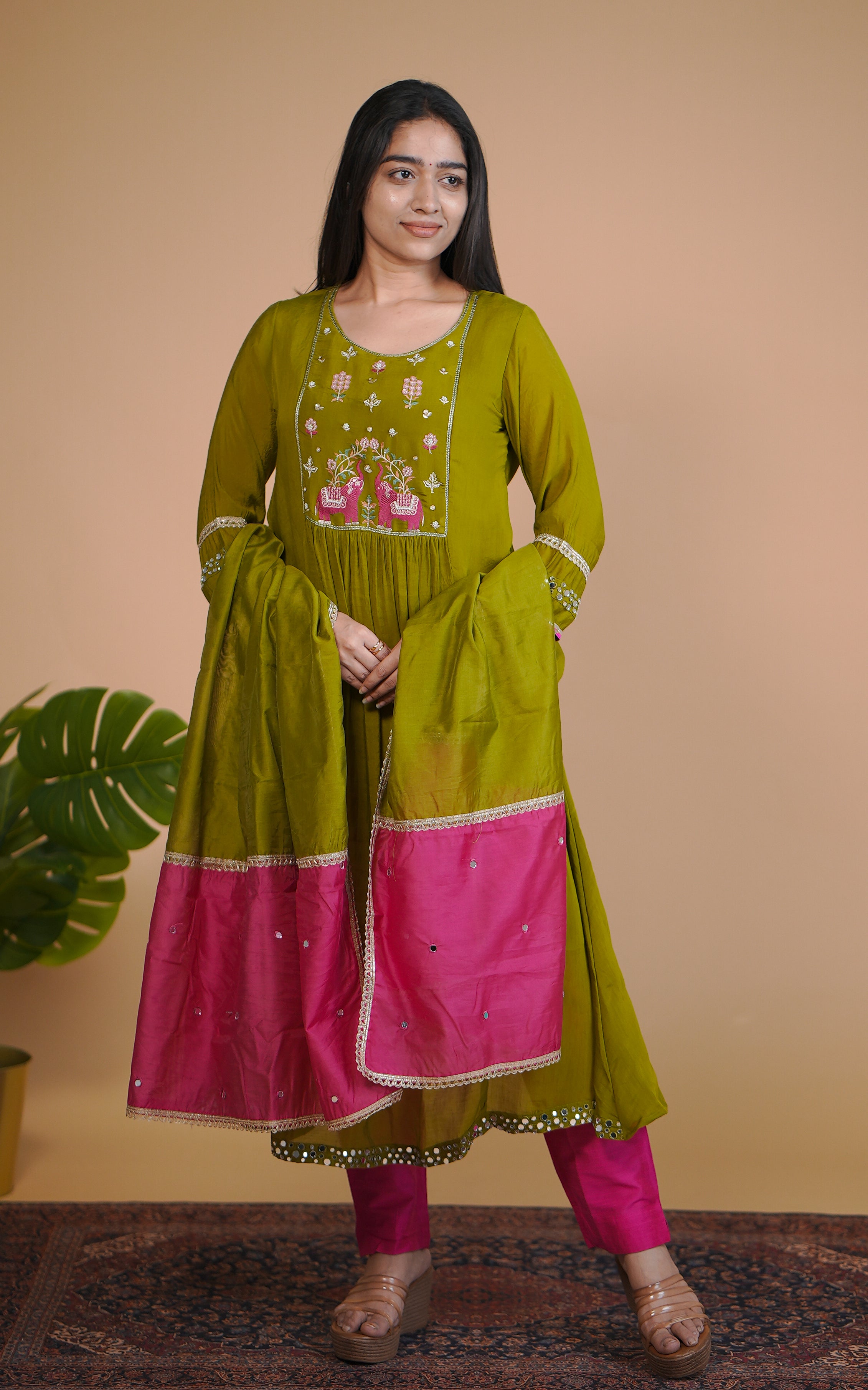 Art silk Aline kurti with thread embroidery for women