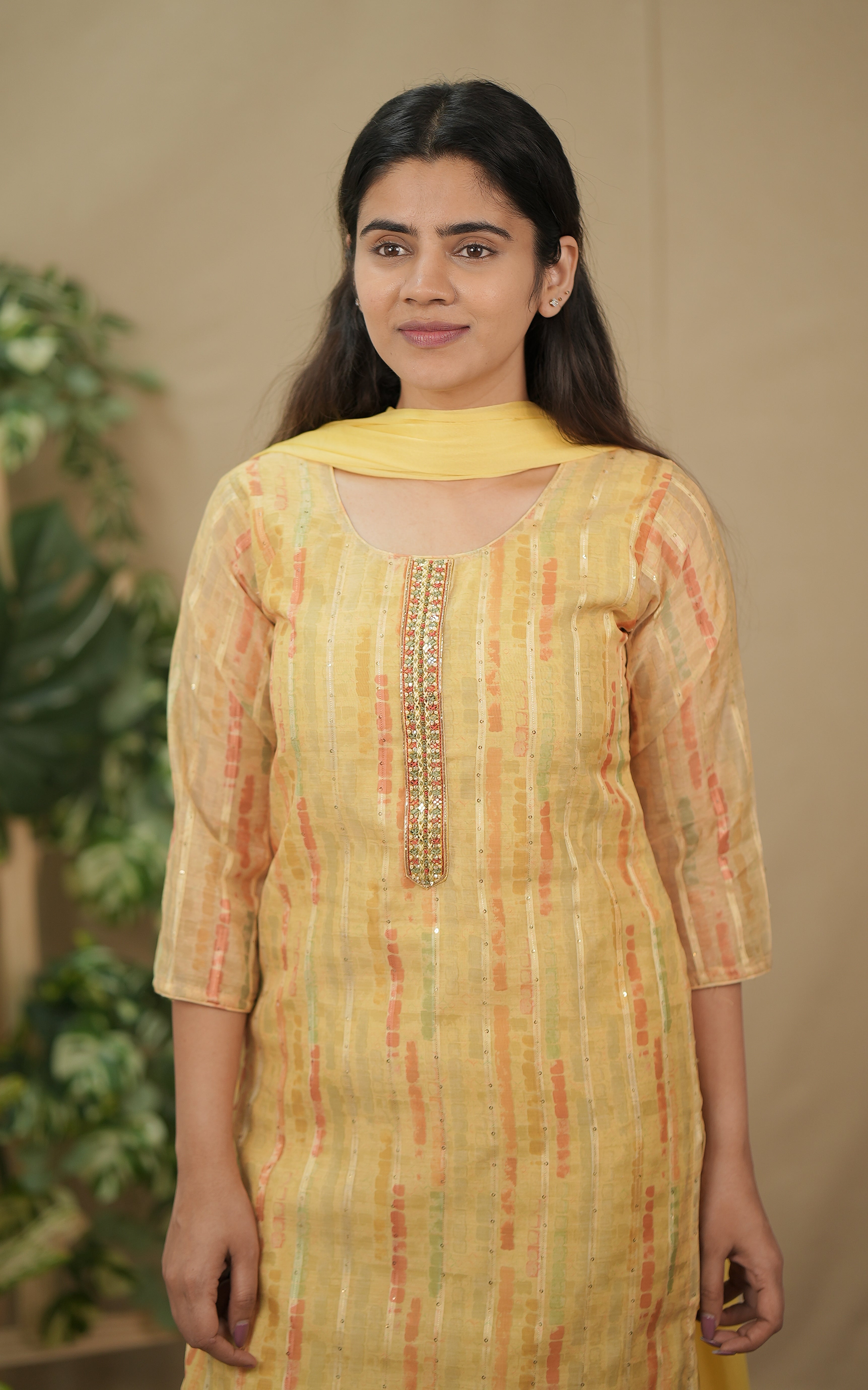 in store kurti daksha yellow (kurti+pant+dupatta) art silk bandhani straight cut kurti color: yellow