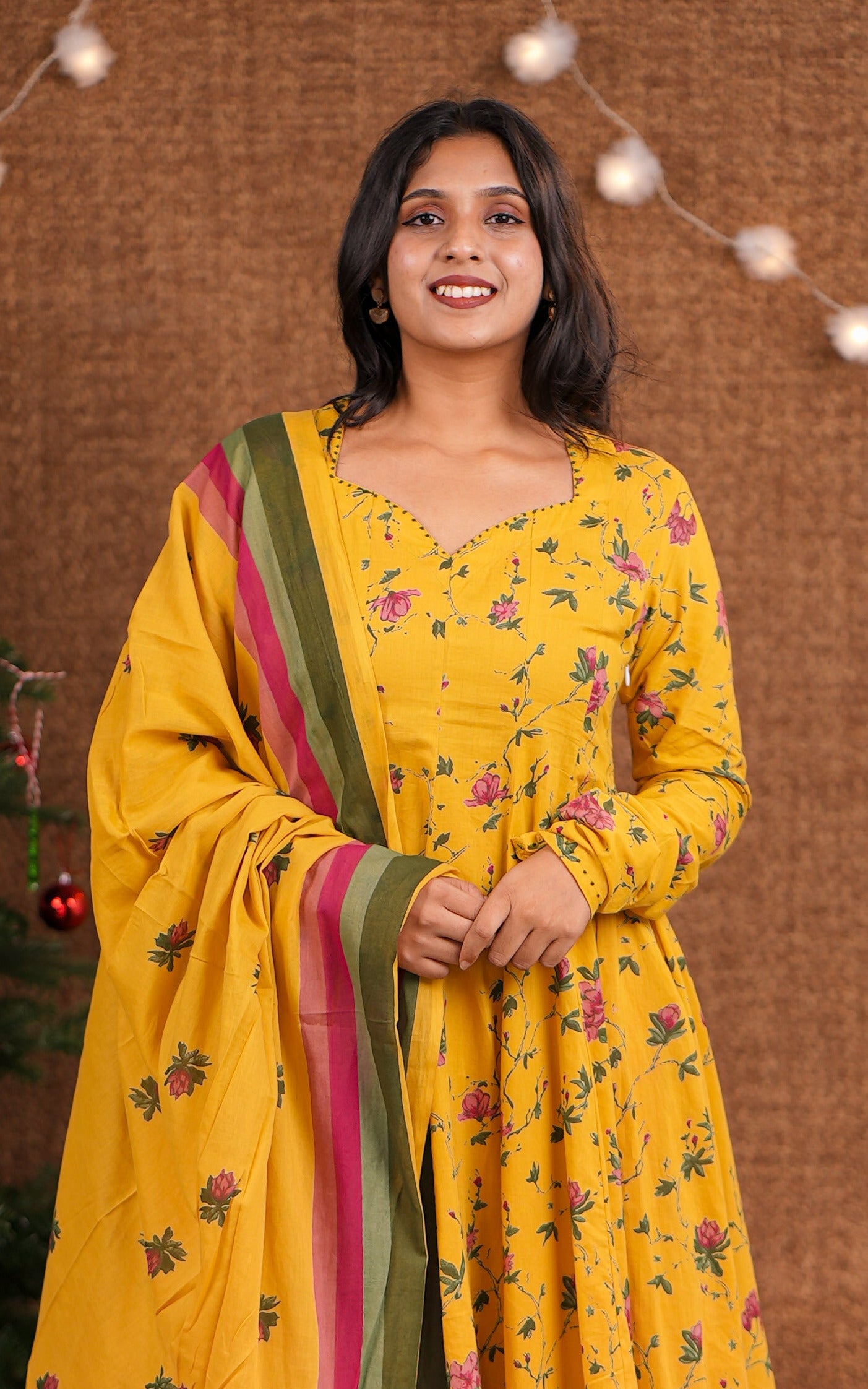 Instore - Mustard Color Cotton Gathered Sleeve Full Flared Anarkali Kurti with Cotton Dupatta & No Lining