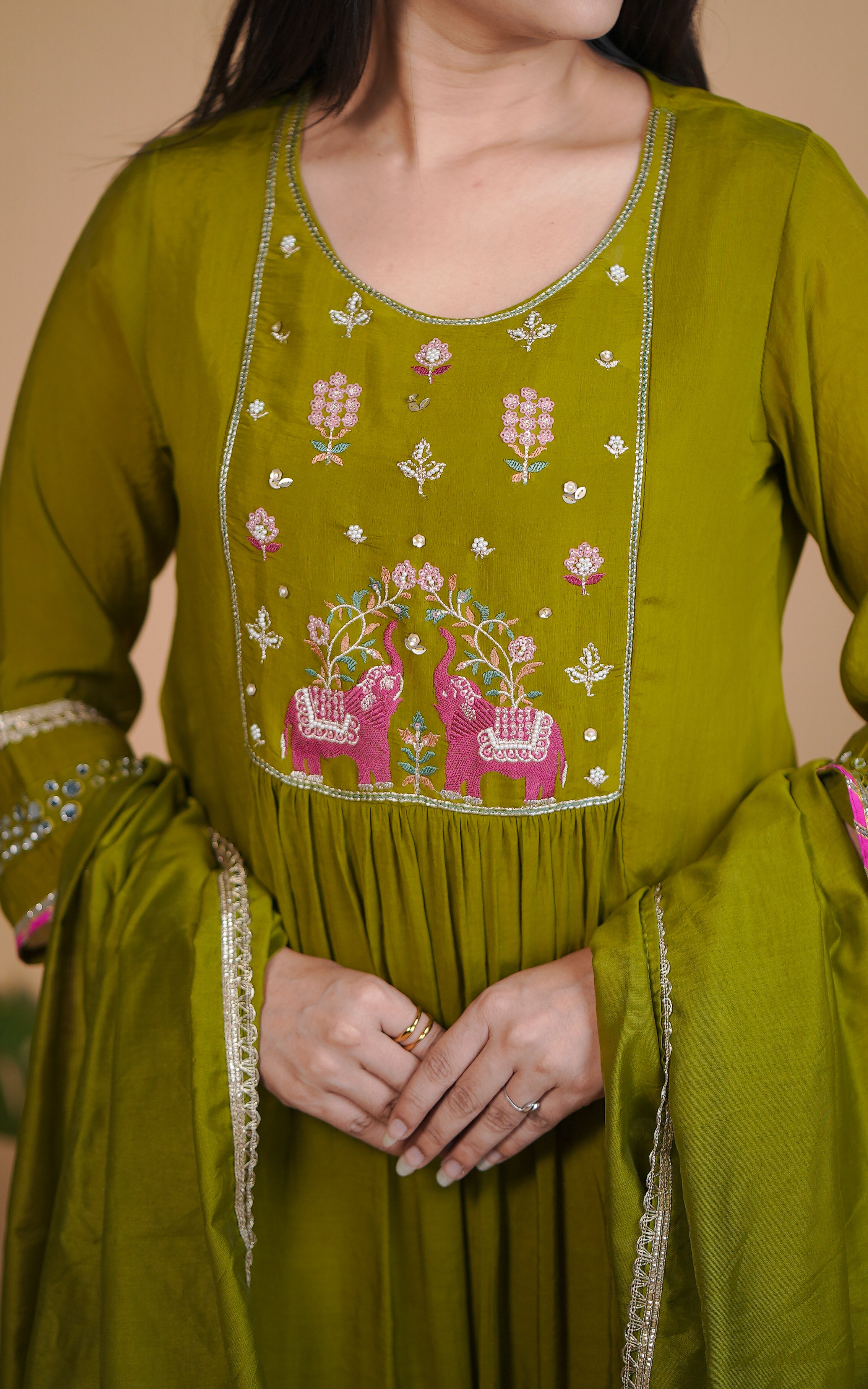 Olive green embroidered kurti for women