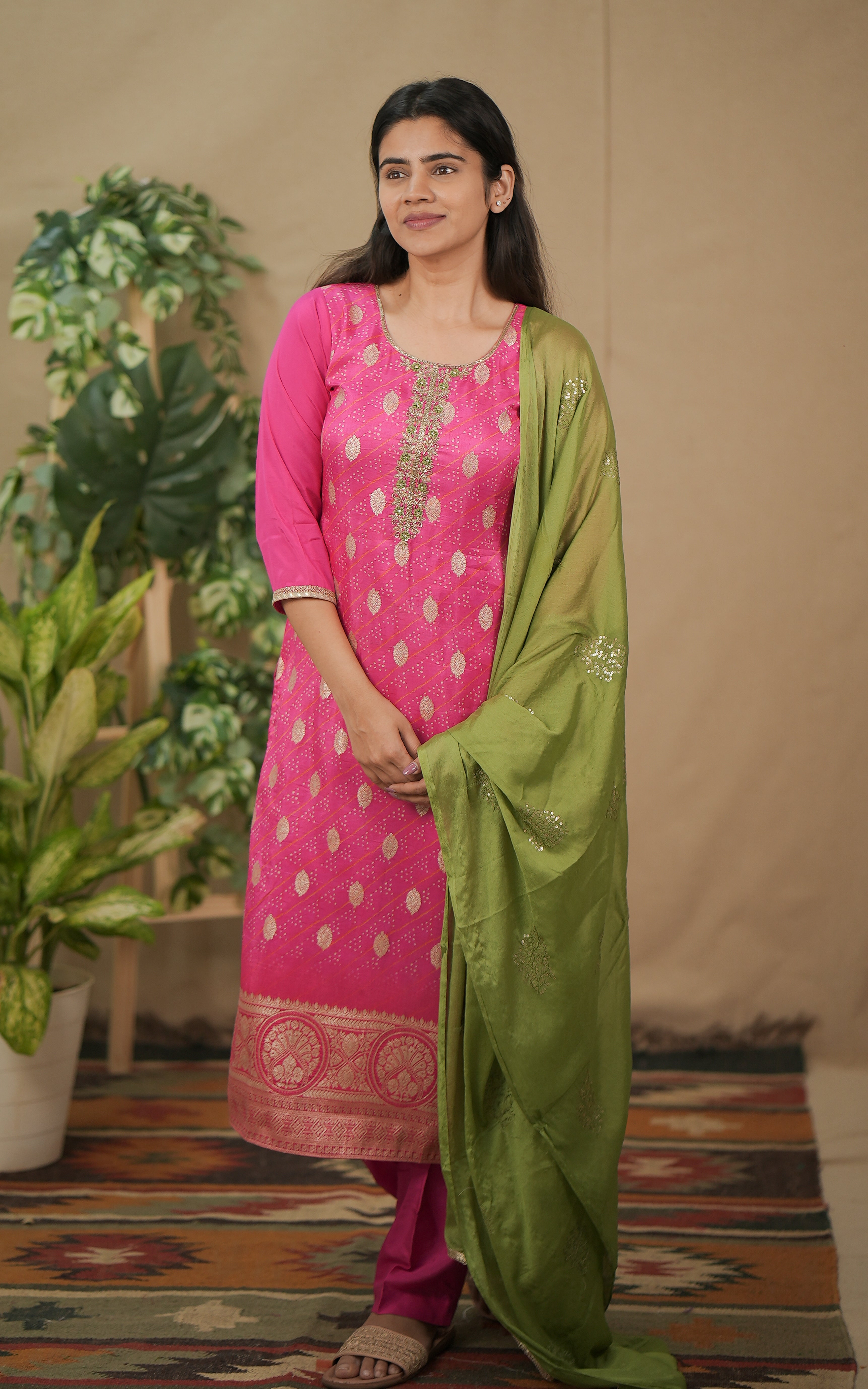 in store kurti college wear for women  art silk bandhani straight cut kurti color: pink