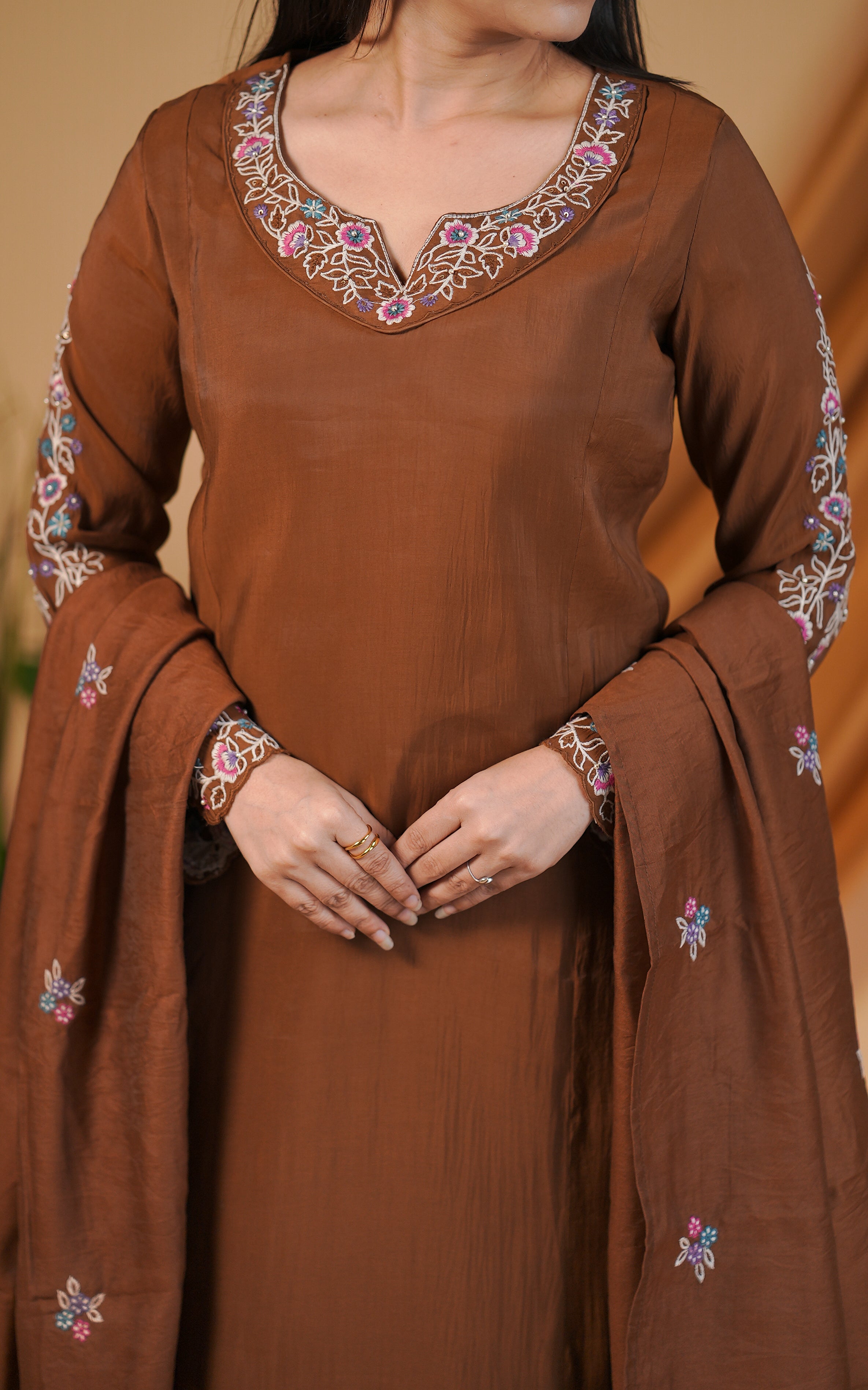 Instore – Brown Elakkiyam Kurti with Dupatta for Women – Art Silk – Festive Ethnic Wear