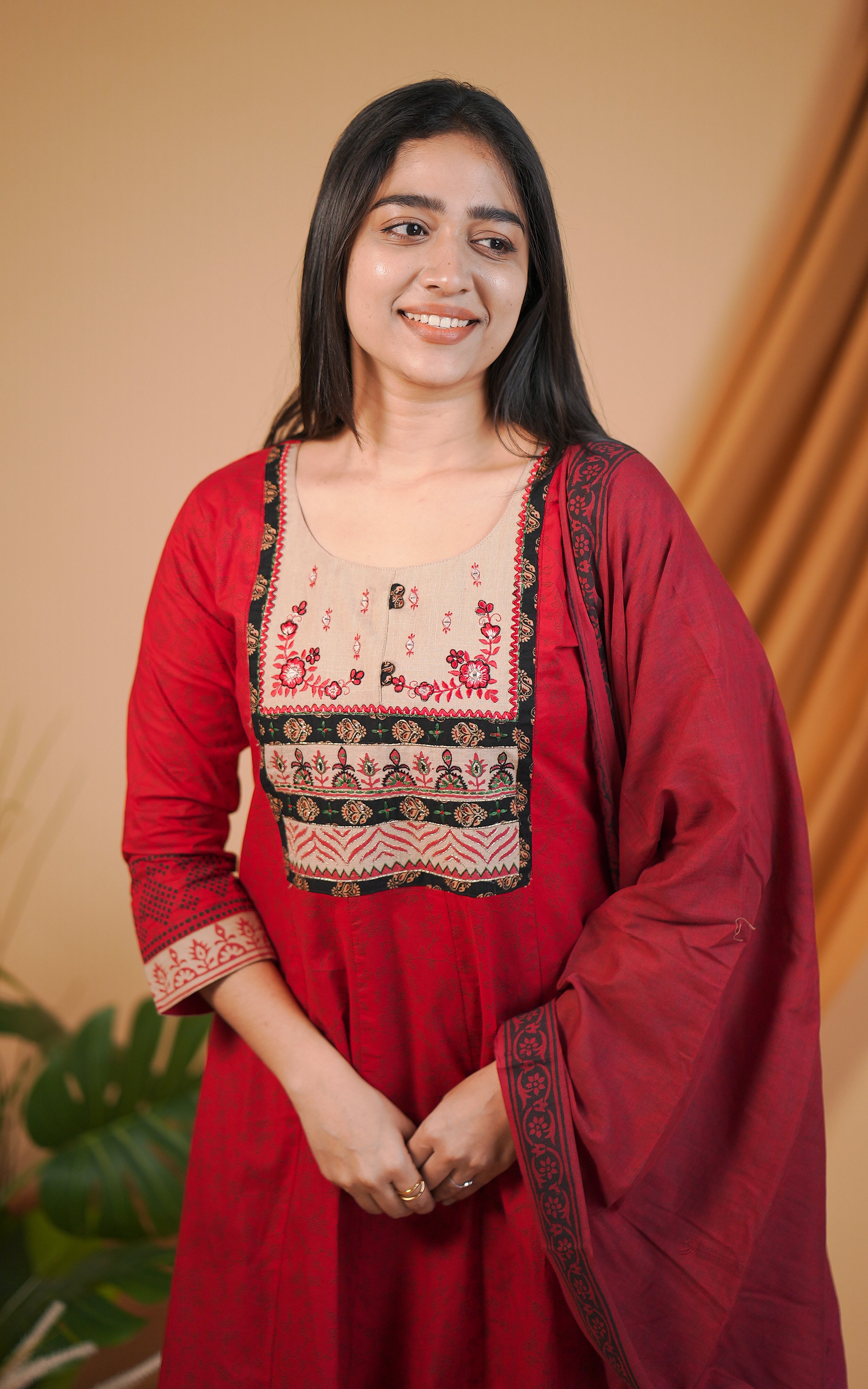 Cotton Aline kurti with floral embroidery for women