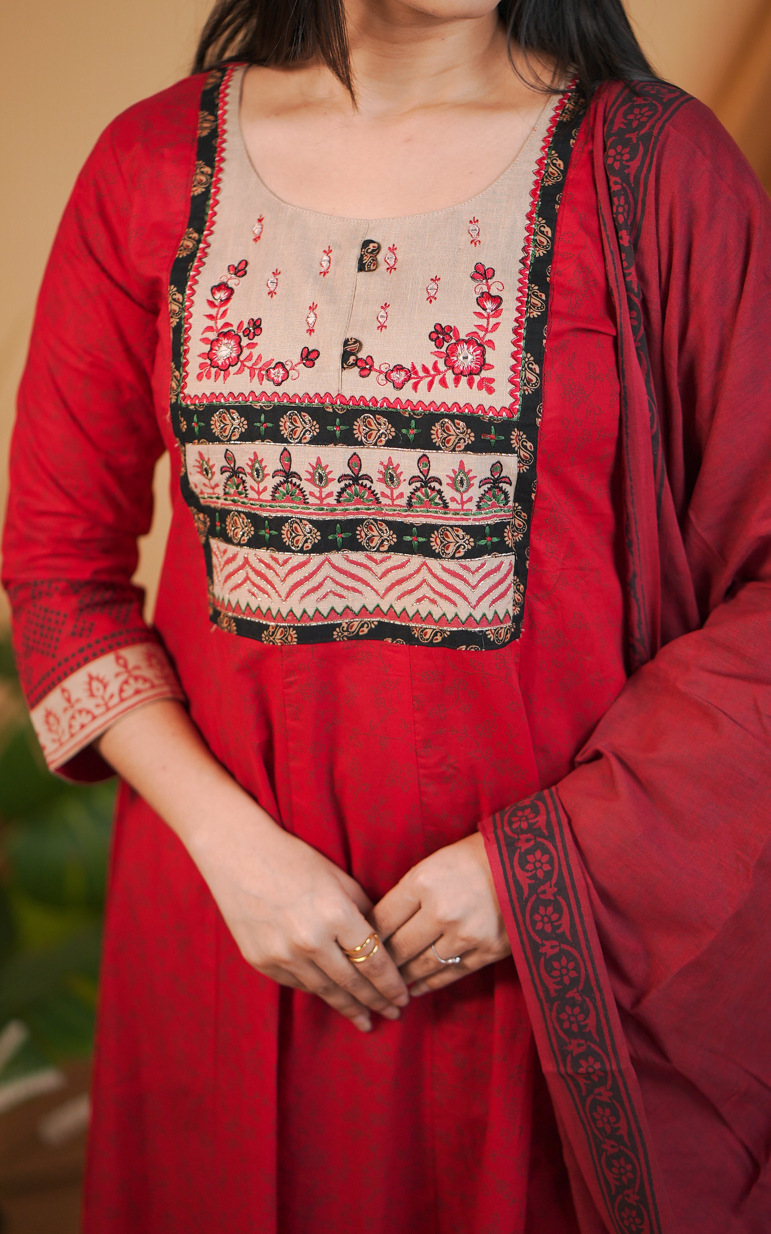 Red ethnic cotton kurti set for women