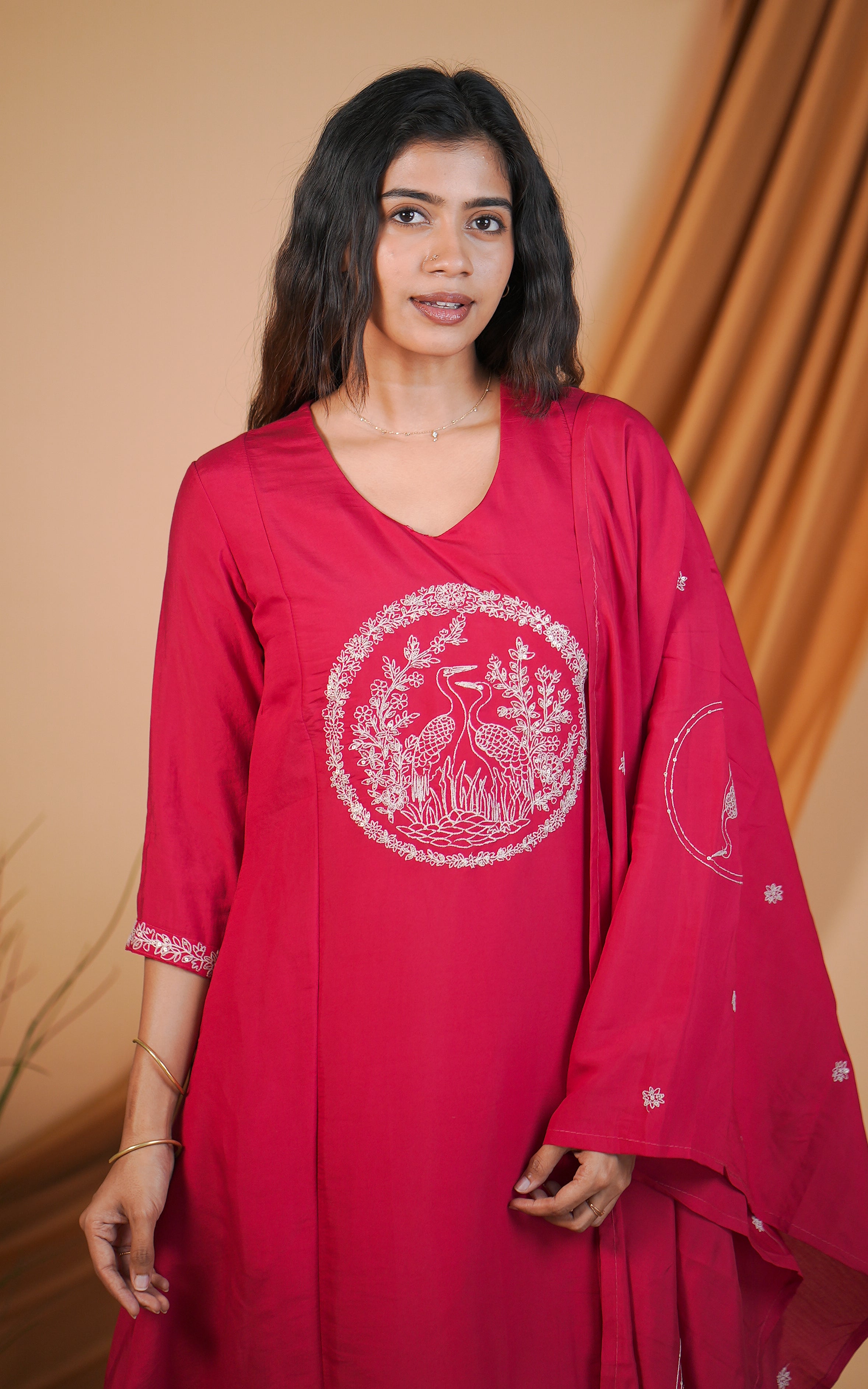 Reddish pink kurti with V neck for women