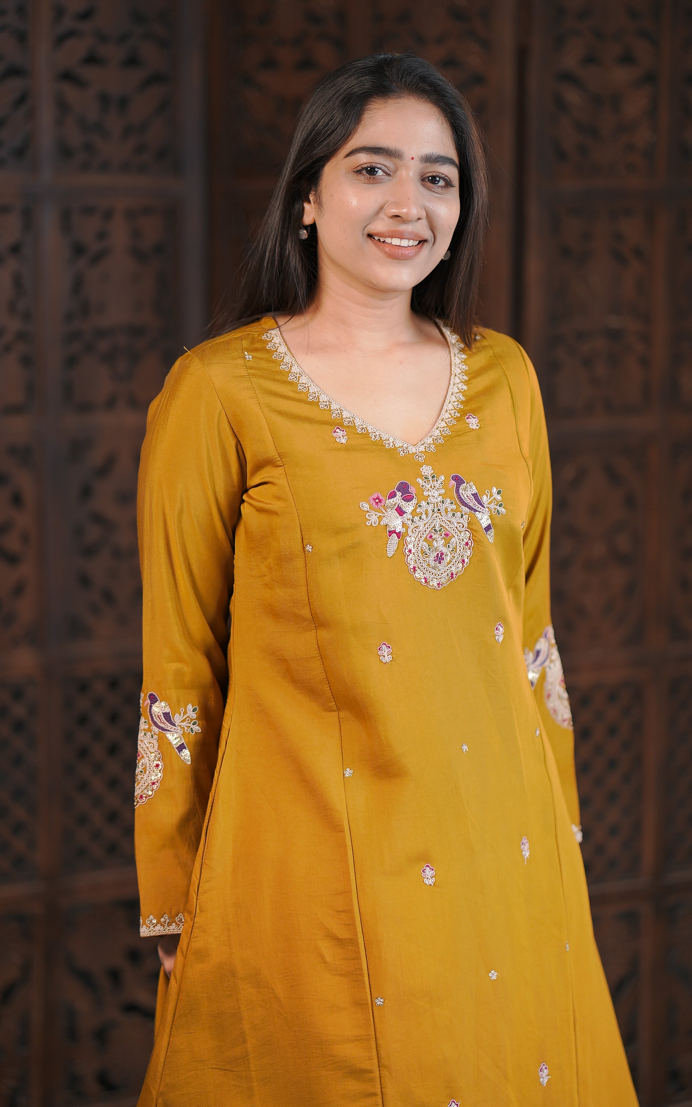 Ethnic Mustard Art Silk A-Line Kurti for Women