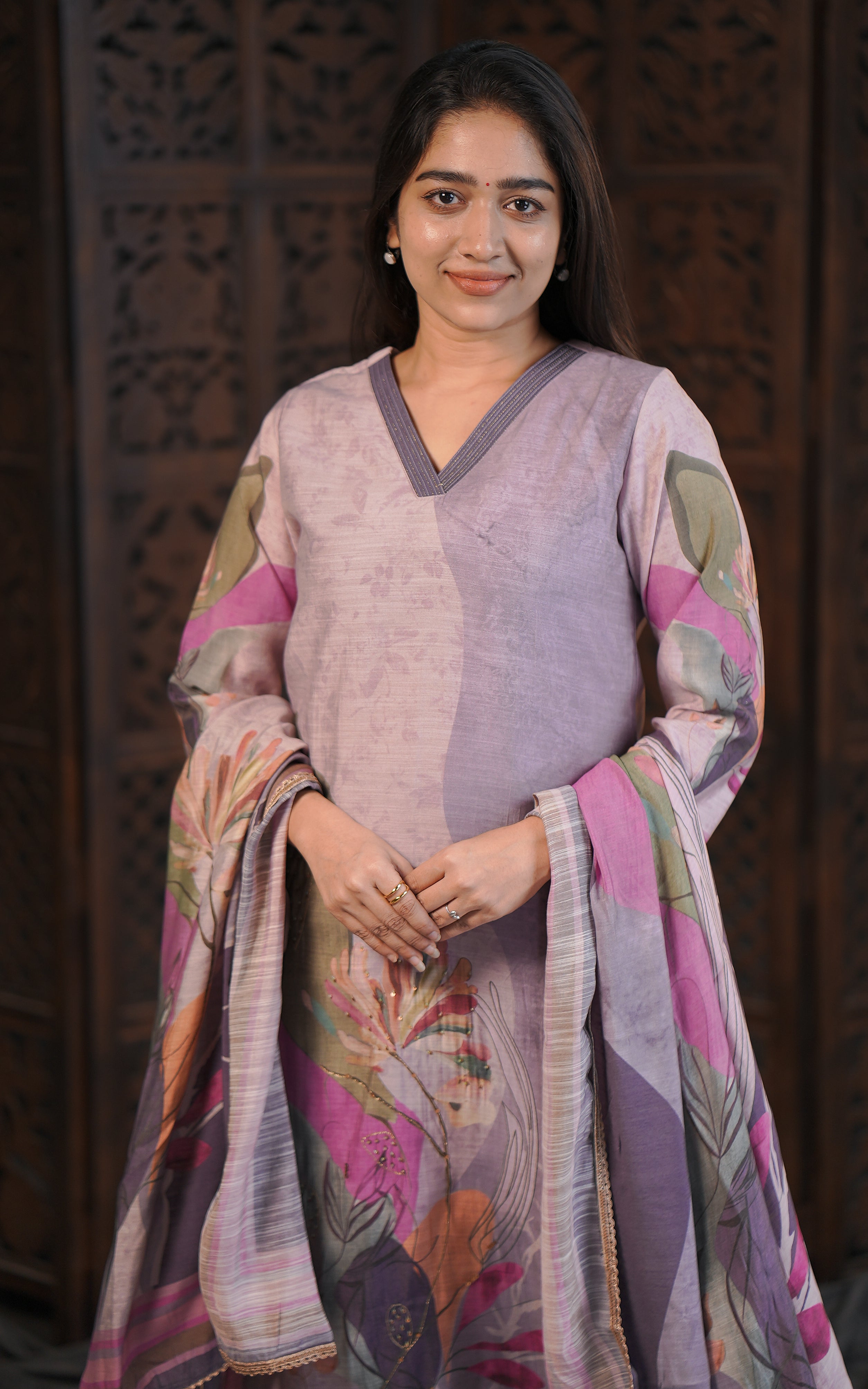Ethnic Pastel Purple Kurti Pant Dupatta Set for Women